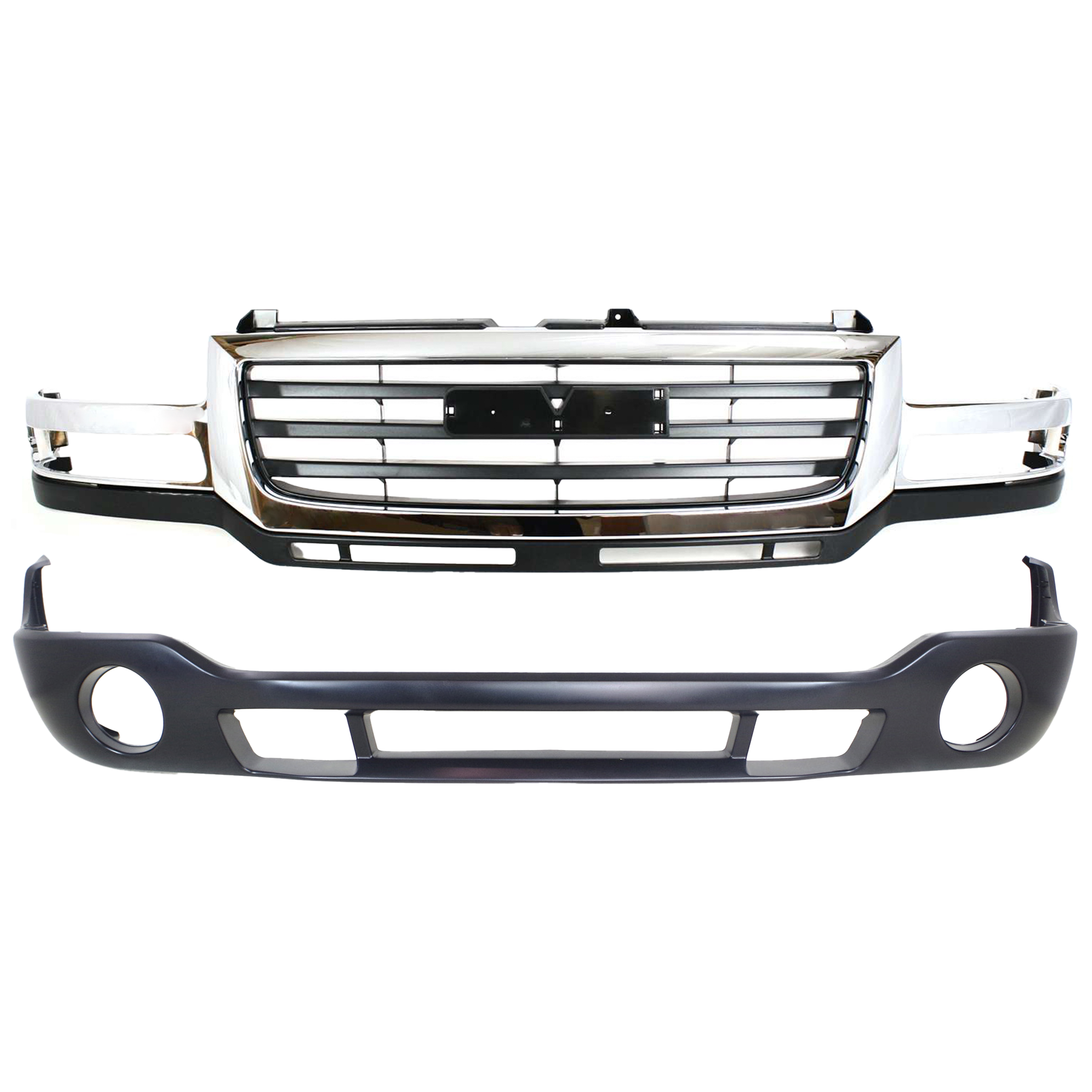 AM SIERRA 2500 HD SIERRA 3500-03-06 FRONT BUMPER COVER 2 pc kit with Grille Assembly SKU KIT 012424-02 Partslink GM1000684 GM1200568 OEM 12335963-88979837-19130795