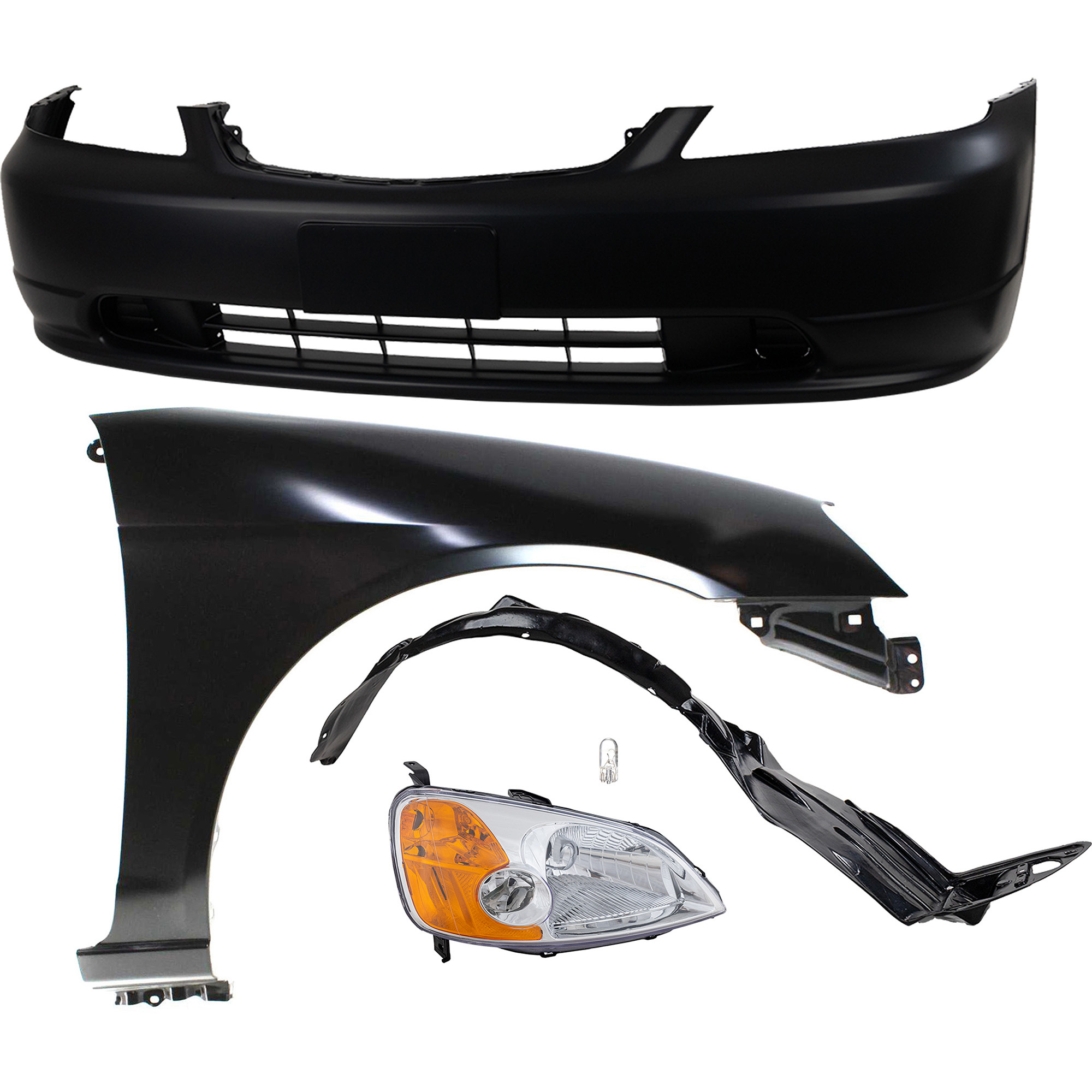 AM CIVIC 01-03 HEAD LAMP RH 5 pc kit Assembly Incandescent OE comparable with Bumper Cover Fender and Fender Liner SKU KIT 012524-25 Partslink HO2503116 HO1000197 HO1241153 HO1249109 OEM 33101S5AA01-04711S5PA90ZZ 6021