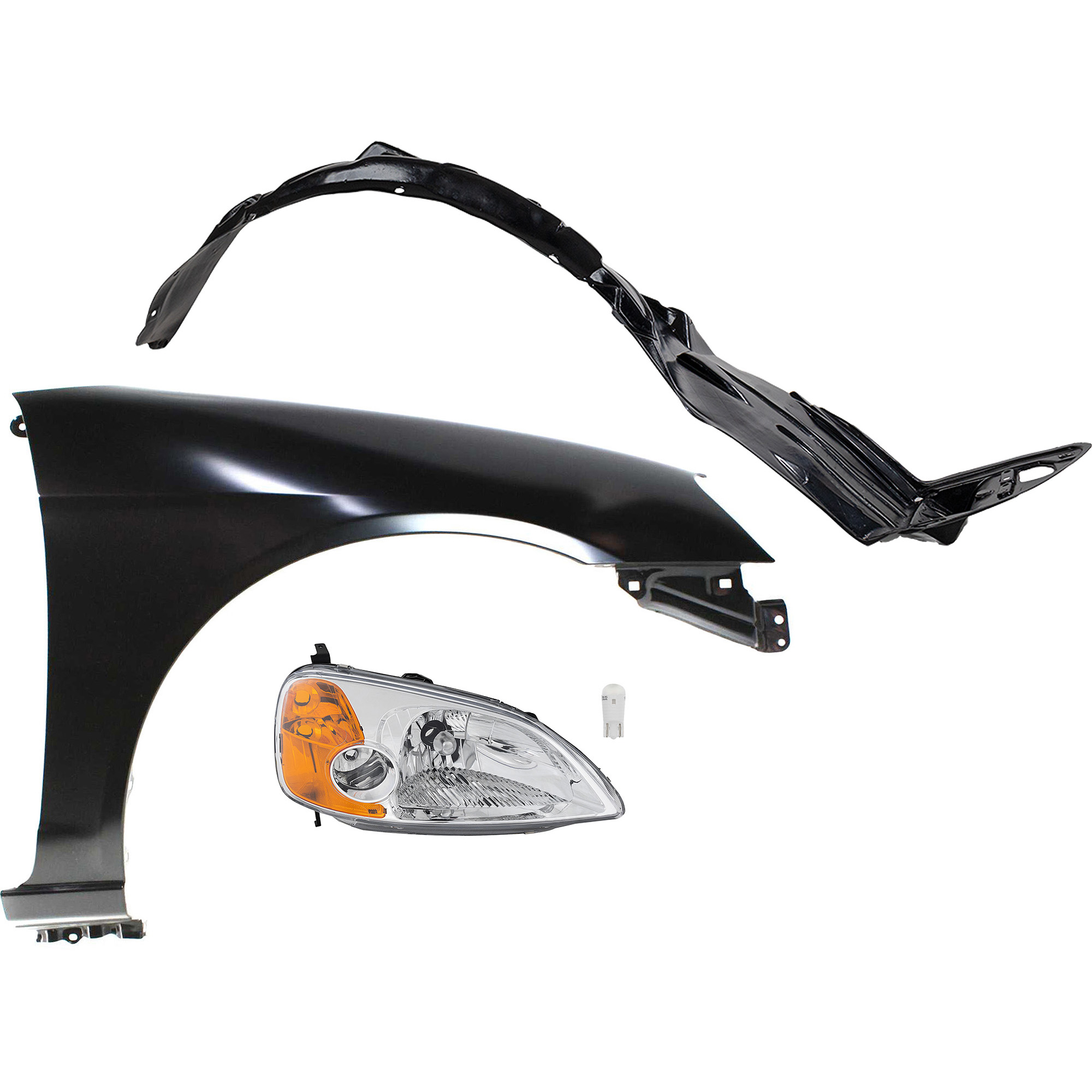 AM CIVIC 01-03 HEAD LAMP RH 4 pc kit Assembly LED OE comparable with Fender and Fender Liner SKU KIT 012524-48 Partslink HO2519102 HO1241153 HO1249109 OEM 33101S5PA01-60211S5DA90ZZ 7410