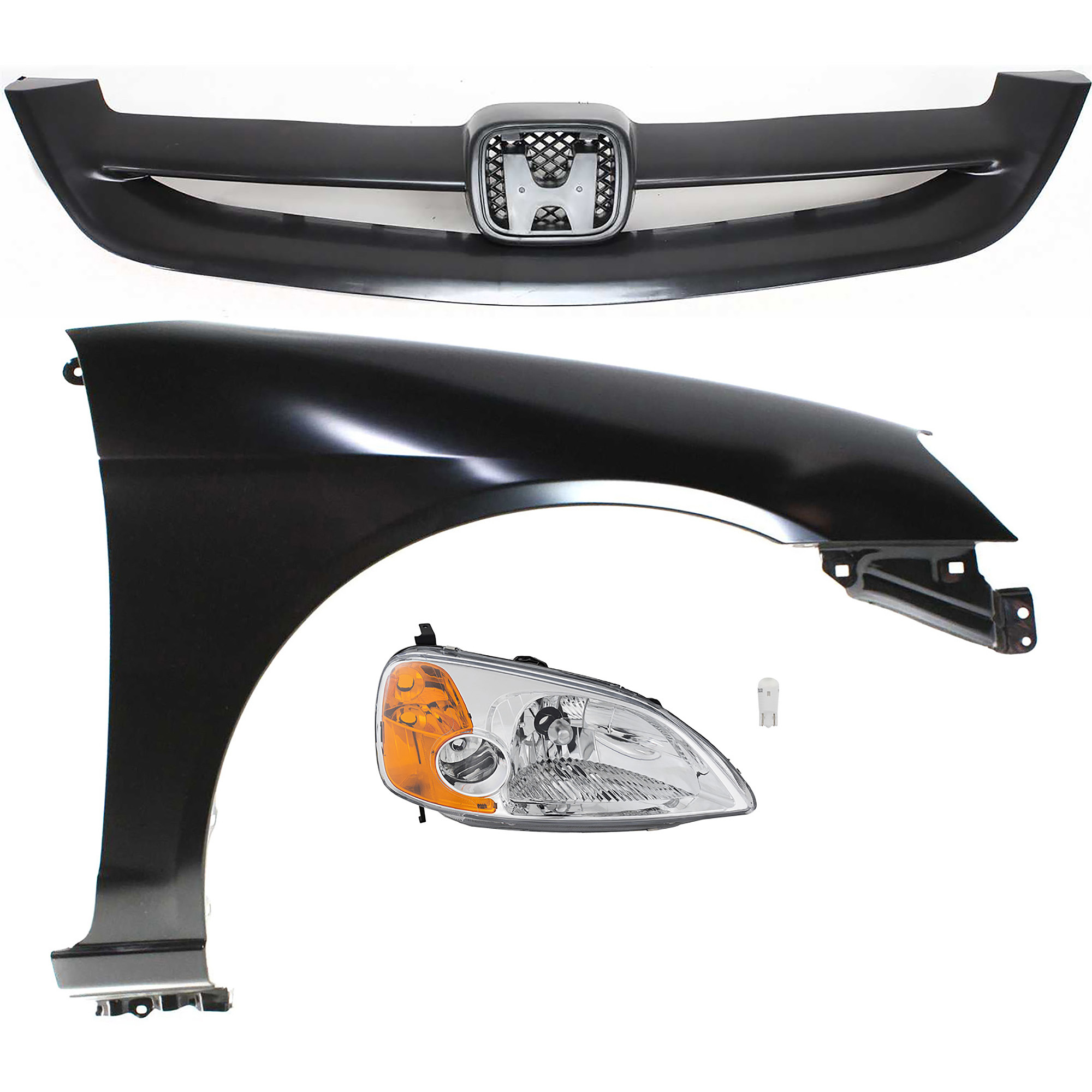 AM CIVIC 01-03 HEAD LAMP RH 4 pc kit Assembly LED OE comparable with Fender and Grille Assembly SKU KIT 012524-58 Partslink HO2519102 HO1241153 HO1200153 OEM 33101S5PA01-60211S5DA90ZZ 7112