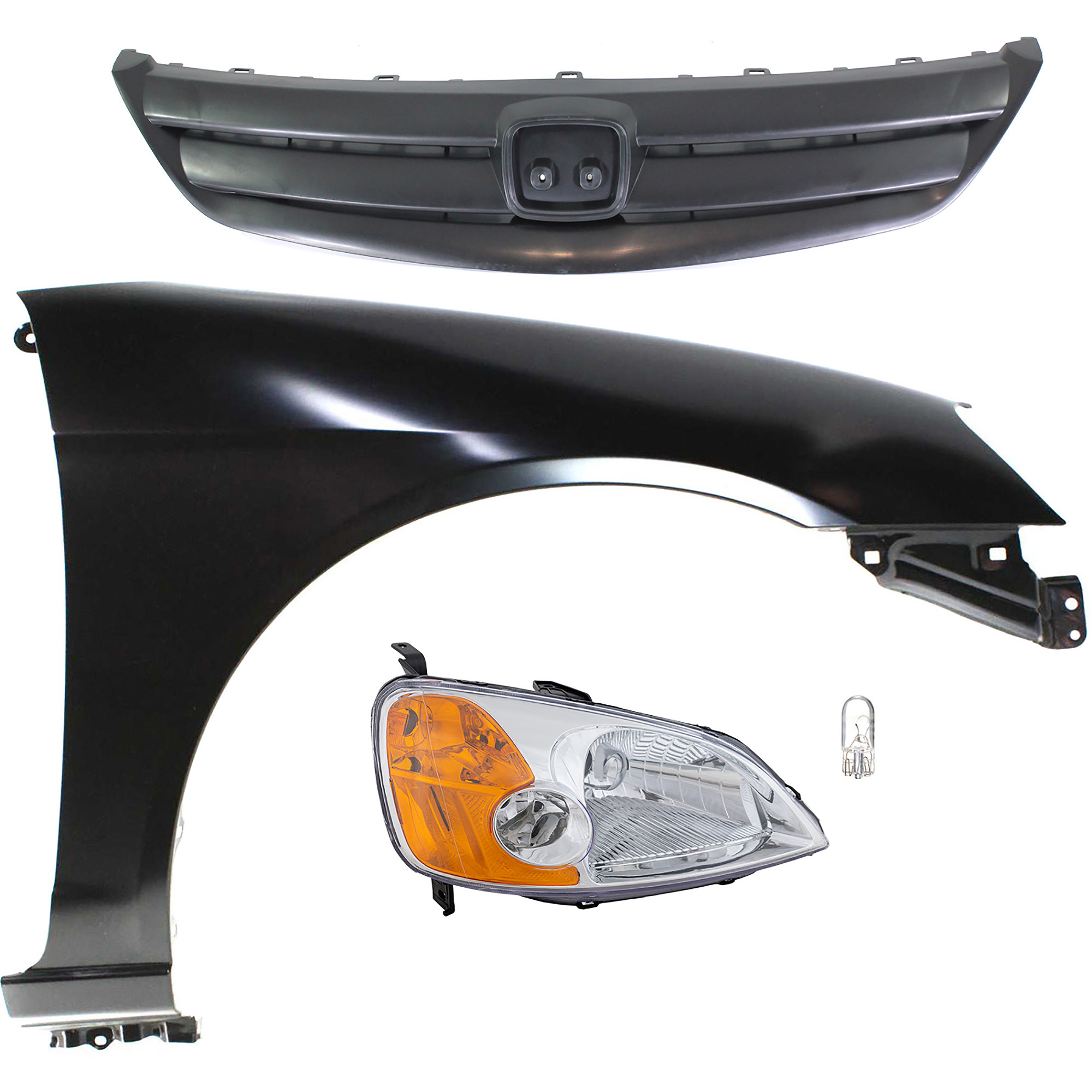 AM CIVIC 01-03 HEAD LAMP RH 4 pc kit Assembly Incandescent OE comparable with Fender and Grille Assembly SKU KIT 012524-63 Partslink HO2503116 HO1241153 HO1200155 OEM 33101S5AA01-60211S5DA90ZZ Perf