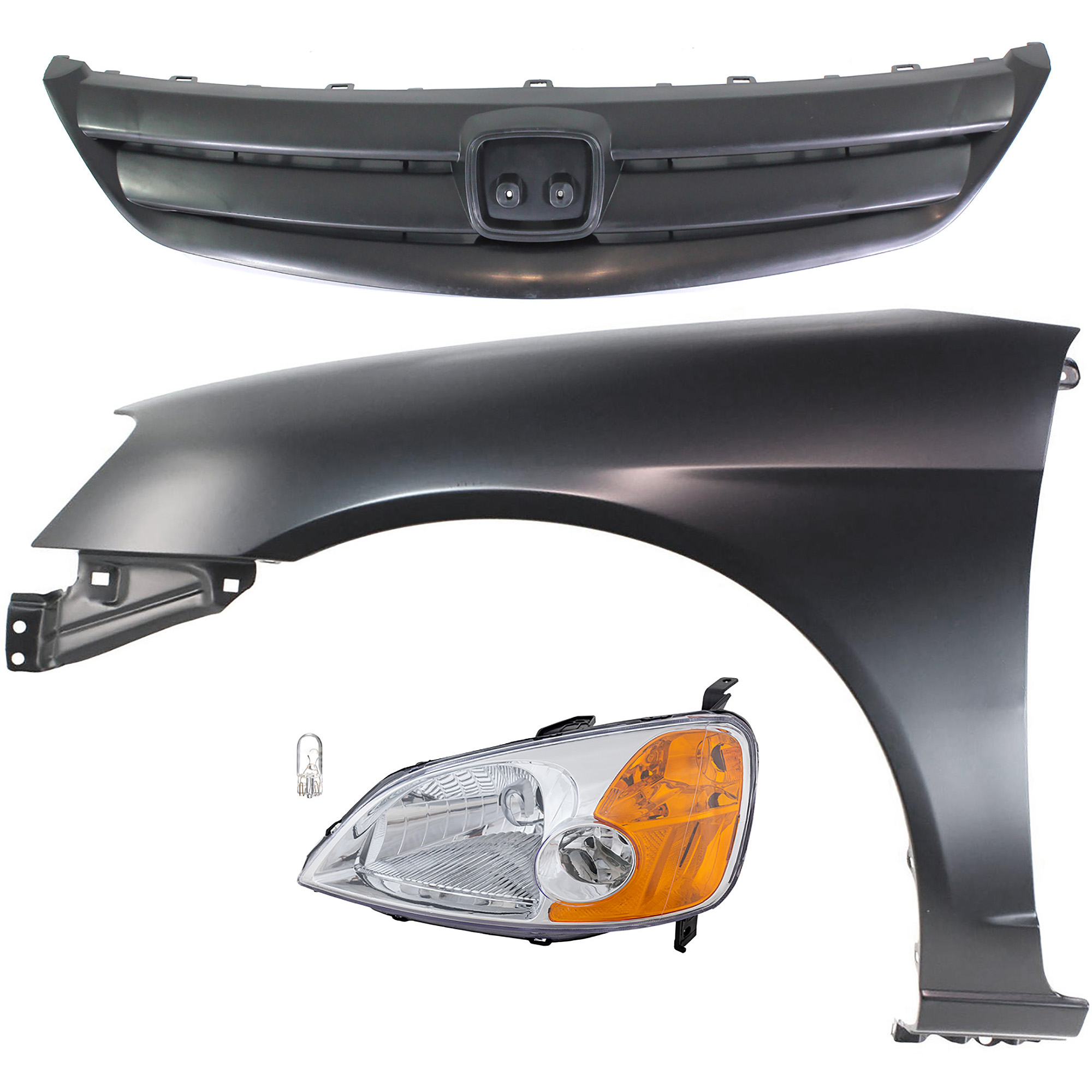 AM CIVIC 01-03 HEAD LAMP LH 4 pc kit Assembly Incandescent OE comparable with Fender and Grille Assembly SKU KIT 012524-68 Partslink HO2502116 HO1240153 HO1200155 OEM 33151S5AA01-60261S5DA90ZZ Perf