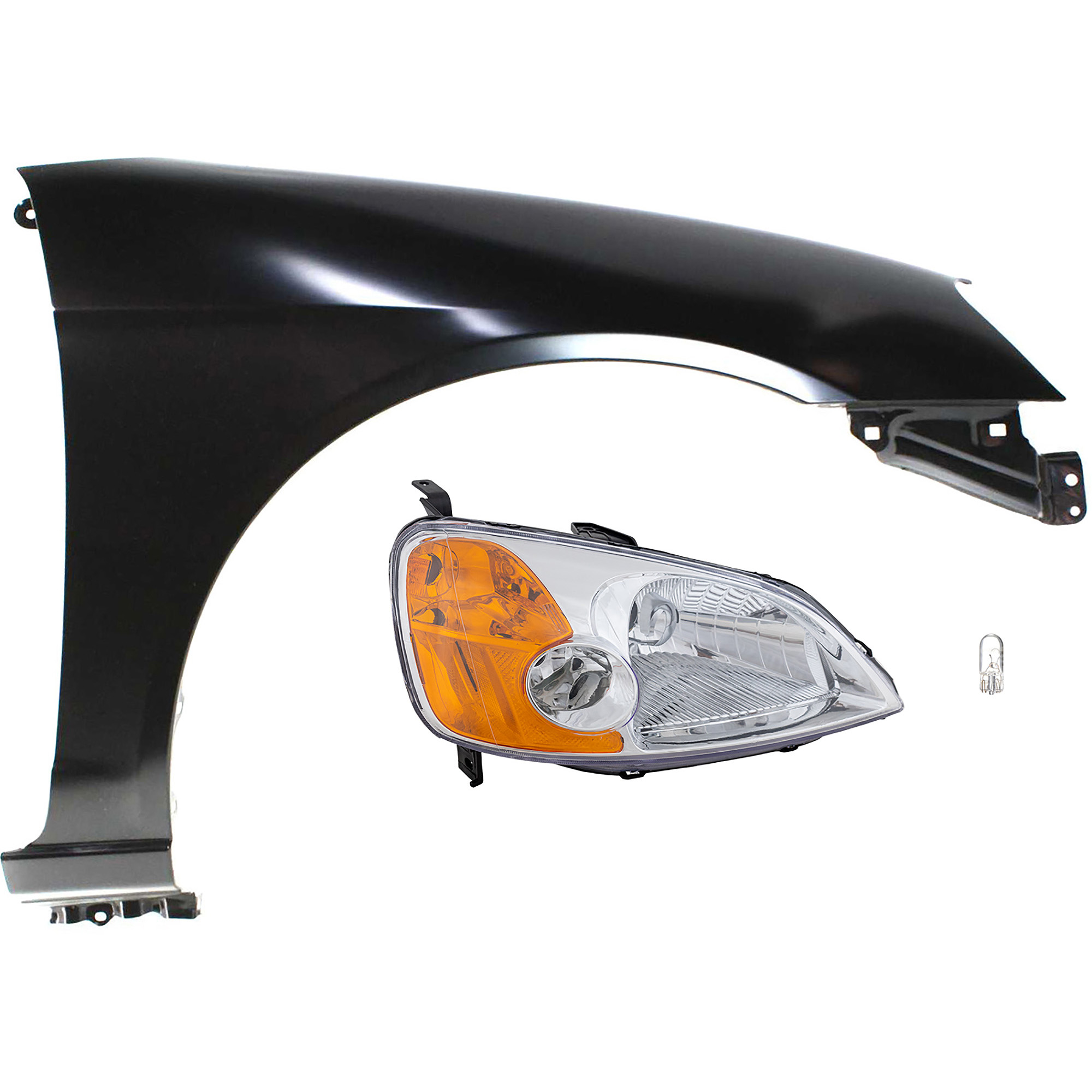 AM CIVIC 01-03 HEAD LAMP RH 3 pc kit Assembly Incandescent OE comparable with Fender SKU KIT 012524-81 Partslink HO2503116 HO1241153 OEM 33101S5AA01-60211S5DA90ZZ