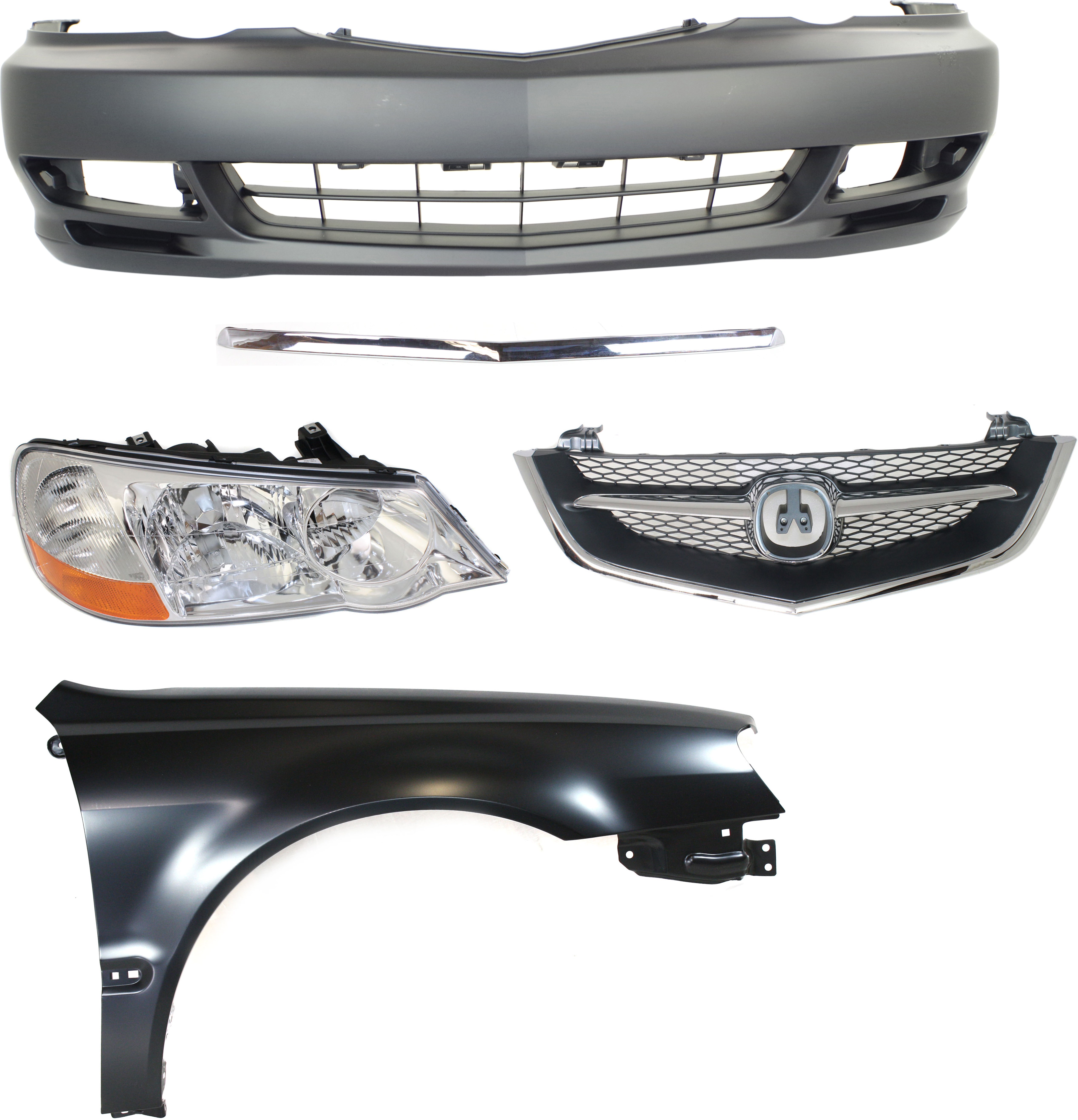 AM TL 02-03 FRONT BUMPER COVER 5 pc Kit with Fender Grille Grille Trim and Headlight SKU KIT 012717-76 Partslink AC1000141 AC1241115 AC1200107 AC1217100 AC2519102 OEM 04711S0KA91ZZ 60211S0KA91ZZ 75