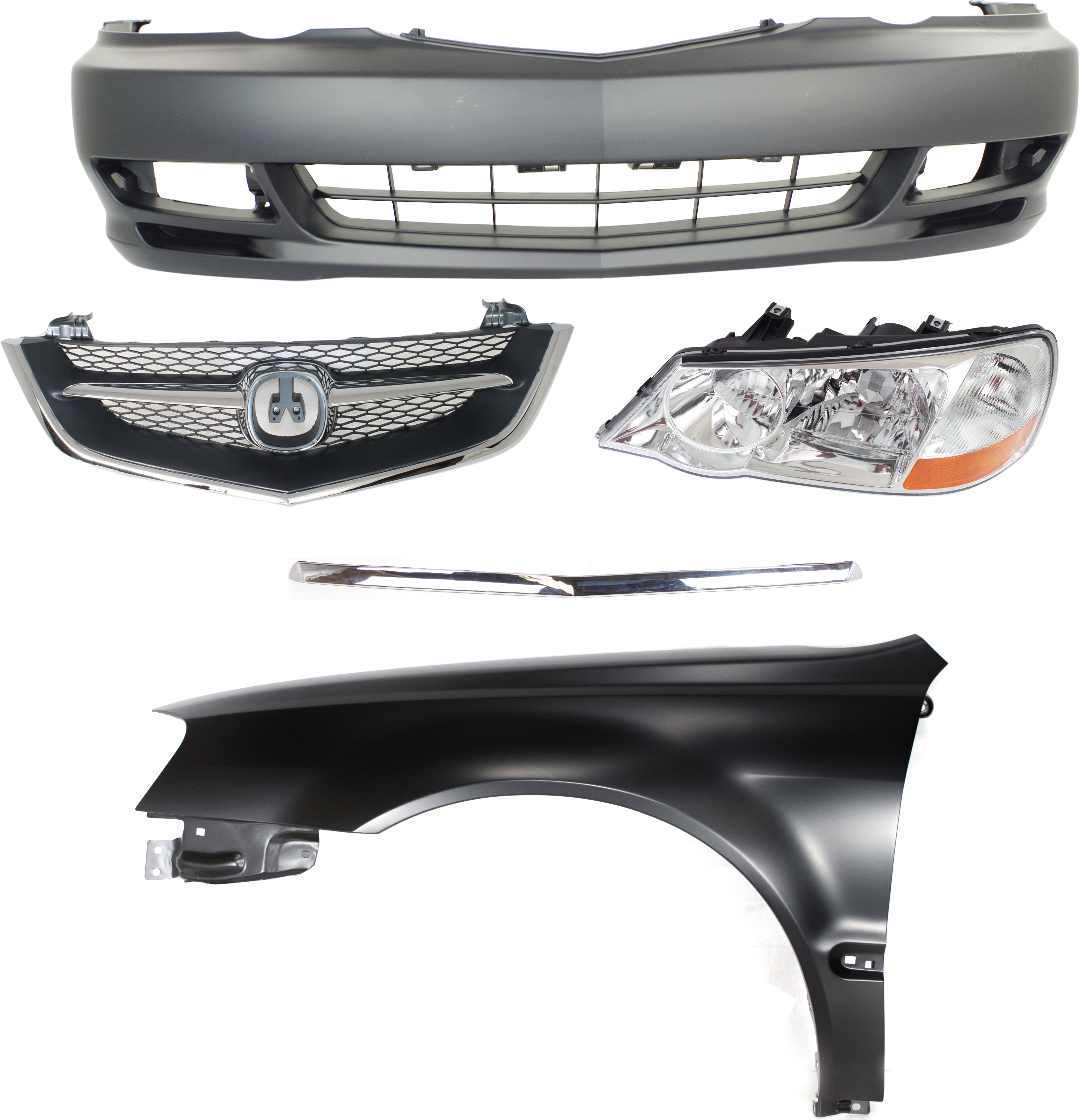 AM TL 02-03 FRONT BUMPER COVER 5 pc Kit with Fender Grille Grille Trim and Headlight SKU KIT 012717-77 Partslink AC1000141 AC1240115 AC1200107 AC1217100 AC2518102 OEM 04711S0KA91ZZ 60261S0KA91ZZ 75