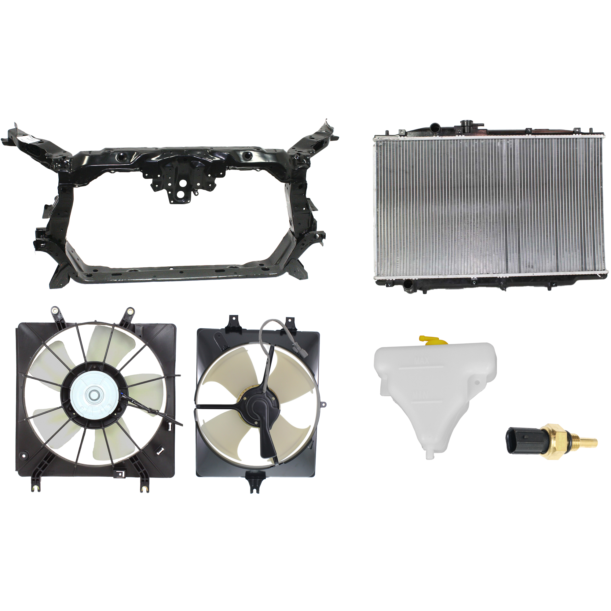 AM TL 04-06 RADIATOR FAN ASSEMBLY 6 pc Kit with Coolant Reservoir Coolant Temperature Sensor Radiator and Radiator Support SKU KIT 012717-86 Partslink AC3115109 AC3113107 HO3014118 AC3010138 AC1225120 OEM 19015RDAA01-38615RDAA00-19101R