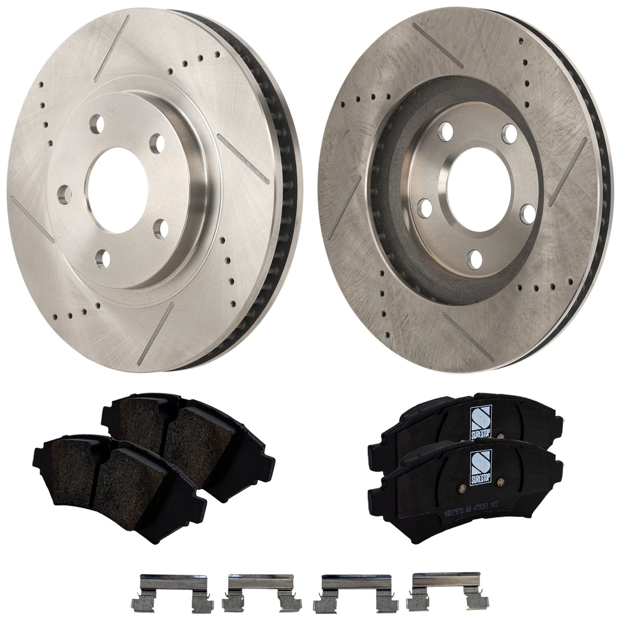 AM DEVILLE 05-05 SEVILLE 98-02 FRONT BRAKE DISC AND PAD KIT 4 pc Kit Cross drilled and Slotted Ceramic SKU KIT 012723-07 OEM 19902-55034-56641-65935-101703