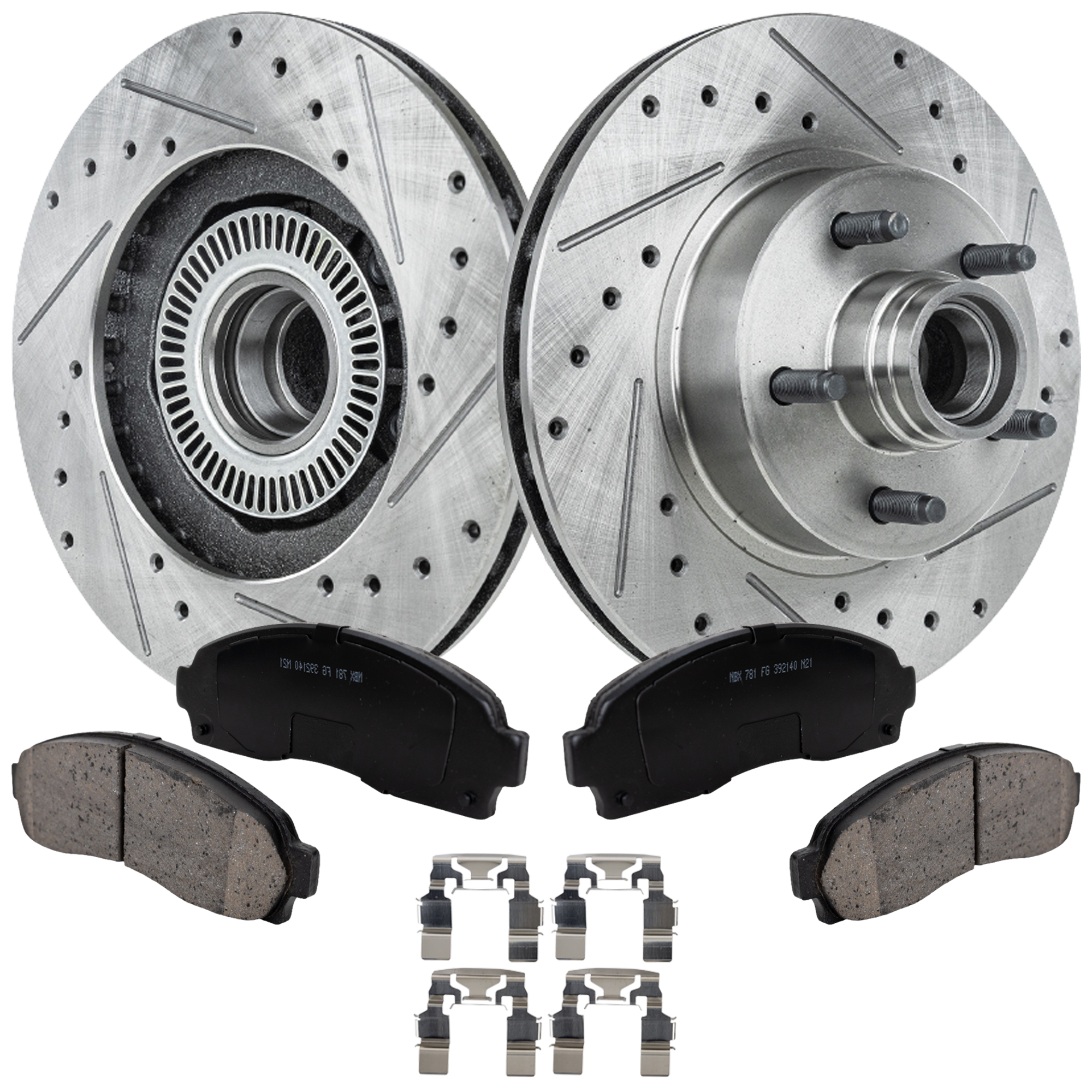 AM RANGER 03-11 FRONT BRAKE DISC AND PAD KIT 4 pc kit Cross drilled and Slotted SKU KIT 012723-11 OEM 19360-19852-27075-42273-54