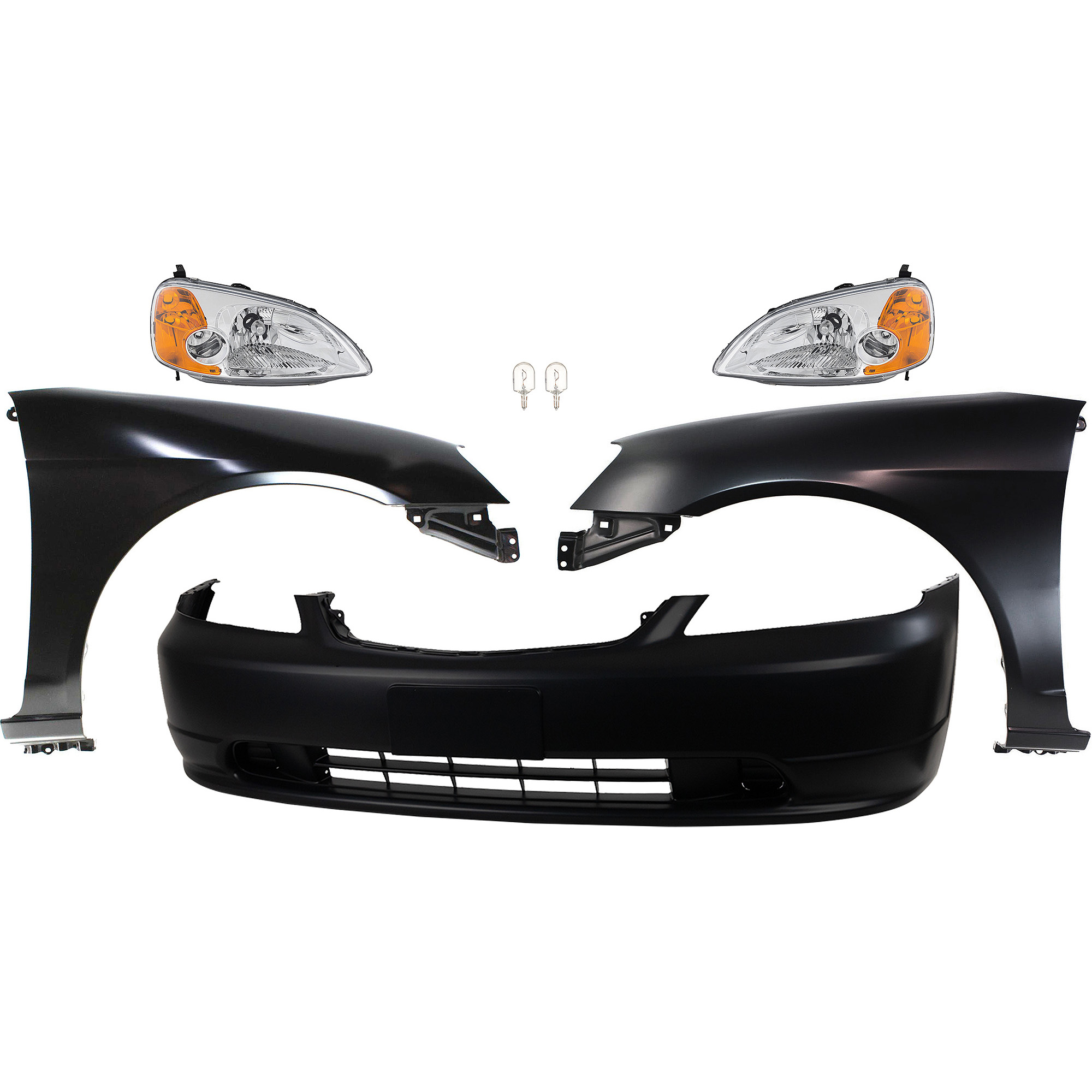 AM CIVIC 01-03 HEAD LAMP RH AND LH 7 pc kit Assembly Incandescent OE comparable with Bumper Cover and Fender SKU KIT 012724-13 Partslink HO2518102 HO2519102 HO1000197 HO1240153 HO1241153 OEM 33101S5PA01-33151S5PA01-04711S
