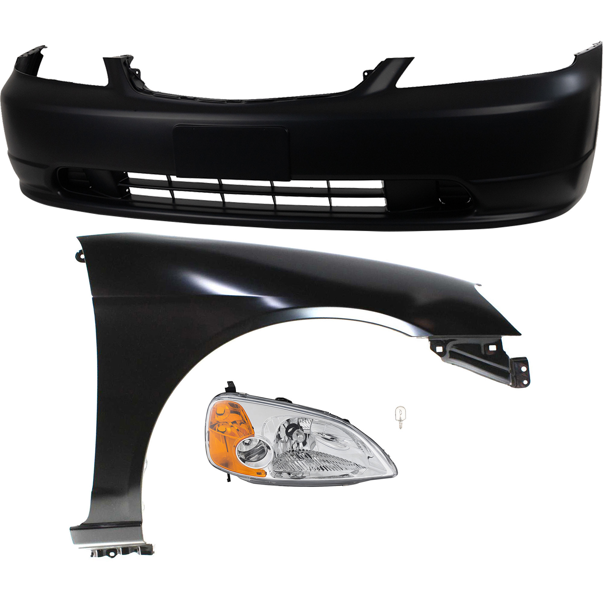 AM CIVIC 01-03 HEAD LAMP RH 4 pc kit Assembly Incandescent OE comparable with Bumper Cover and Fender SKU KIT 012724-19 Partslink HO2519102 HO1000197 HO1241153 OEM 33101S5PA01-04711S5PA90ZZ 6021