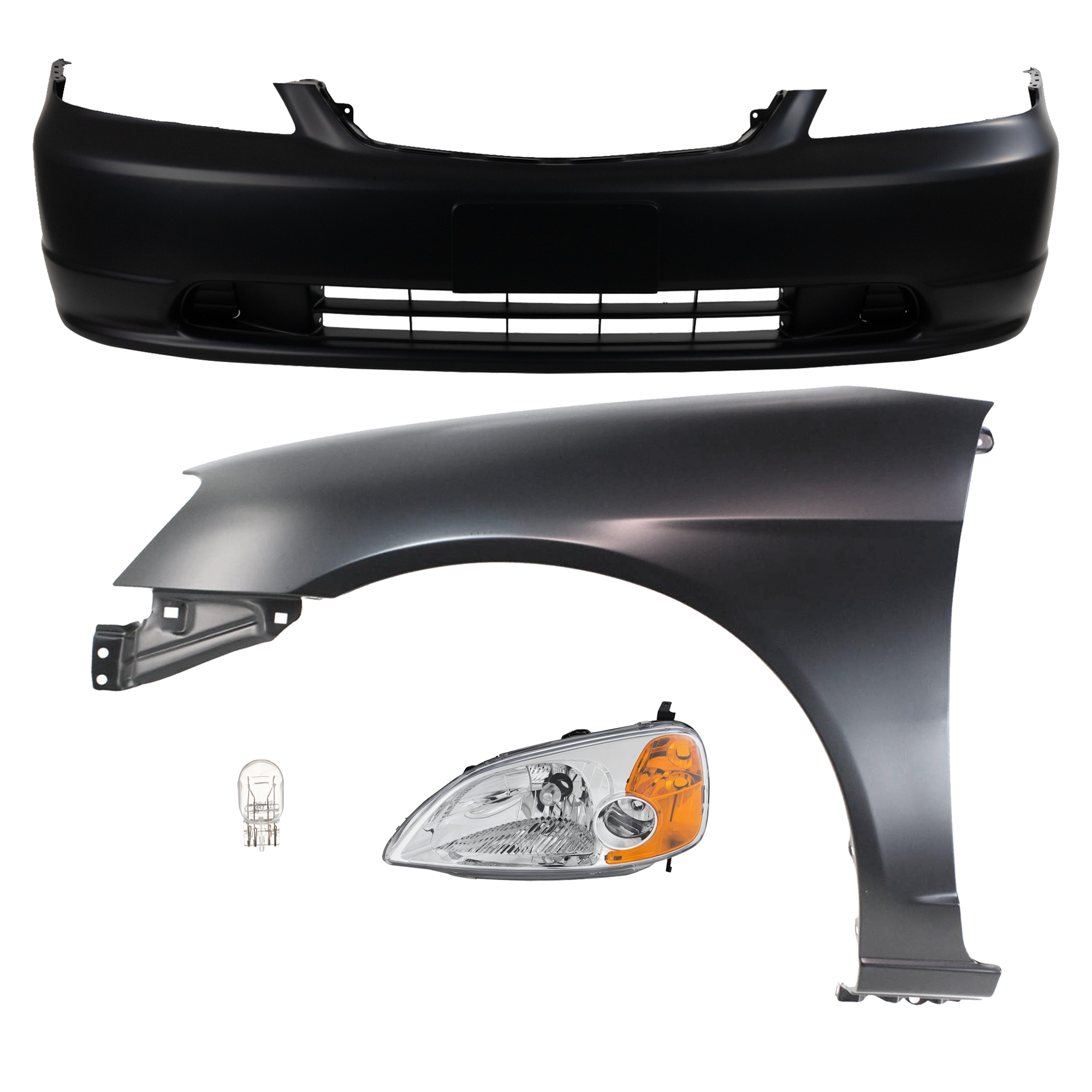 AM CIVIC 01-03 HEAD LAMP LH 4 pc kit Assembly Incandescent OE comparable with Bumper Cover and Fender SKU KIT 012724-20 Partslink HO2518102 HO1000197 HO1240153 OEM 33151S5PA01-04711S5PA90ZZ 6026