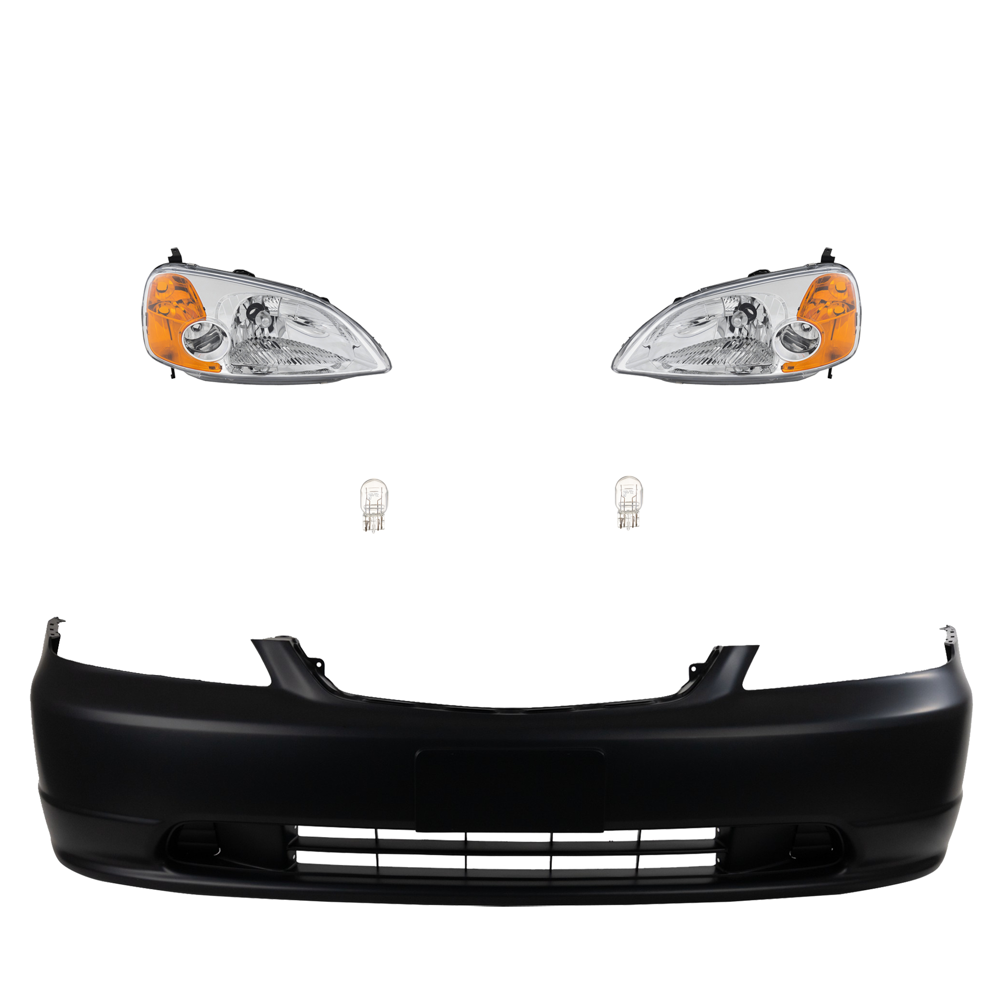 AM CIVIC 01-03 HEAD LAMP RH AND LH 5 pc kit Assembly Incandescent OE comparable with Bumper Cover SKU KIT 012724-21 Partslink HO2518102 HO2519102 HO1000197 OEM 33101S5PA01-33151S5PA01-04711S