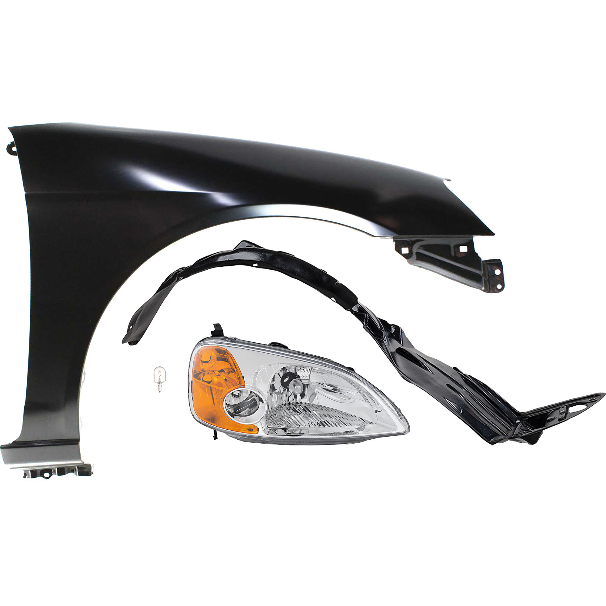 AM CIVIC 01-03 HEAD LAMP RH 4 pc kit Assembly Incandescent OE comparable with Fender and Fender Liner SKU KIT 012724-23 Partslink HO2519102 HO1241153 HO1249109 OEM 33101S5PA01-60211S5DA90ZZ 7410