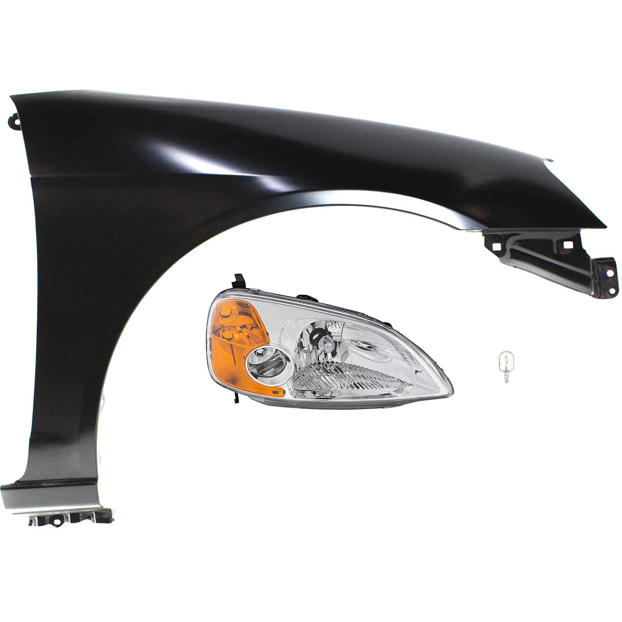 AM CIVIC 01-03 HEAD LAMP RH 3 pc kit Assembly Incandescent with Fender SKU KIT 012724-25 Partslink HO2519102 HO1241153 OEM 33101S5PA01-60211S5DA90ZZ
