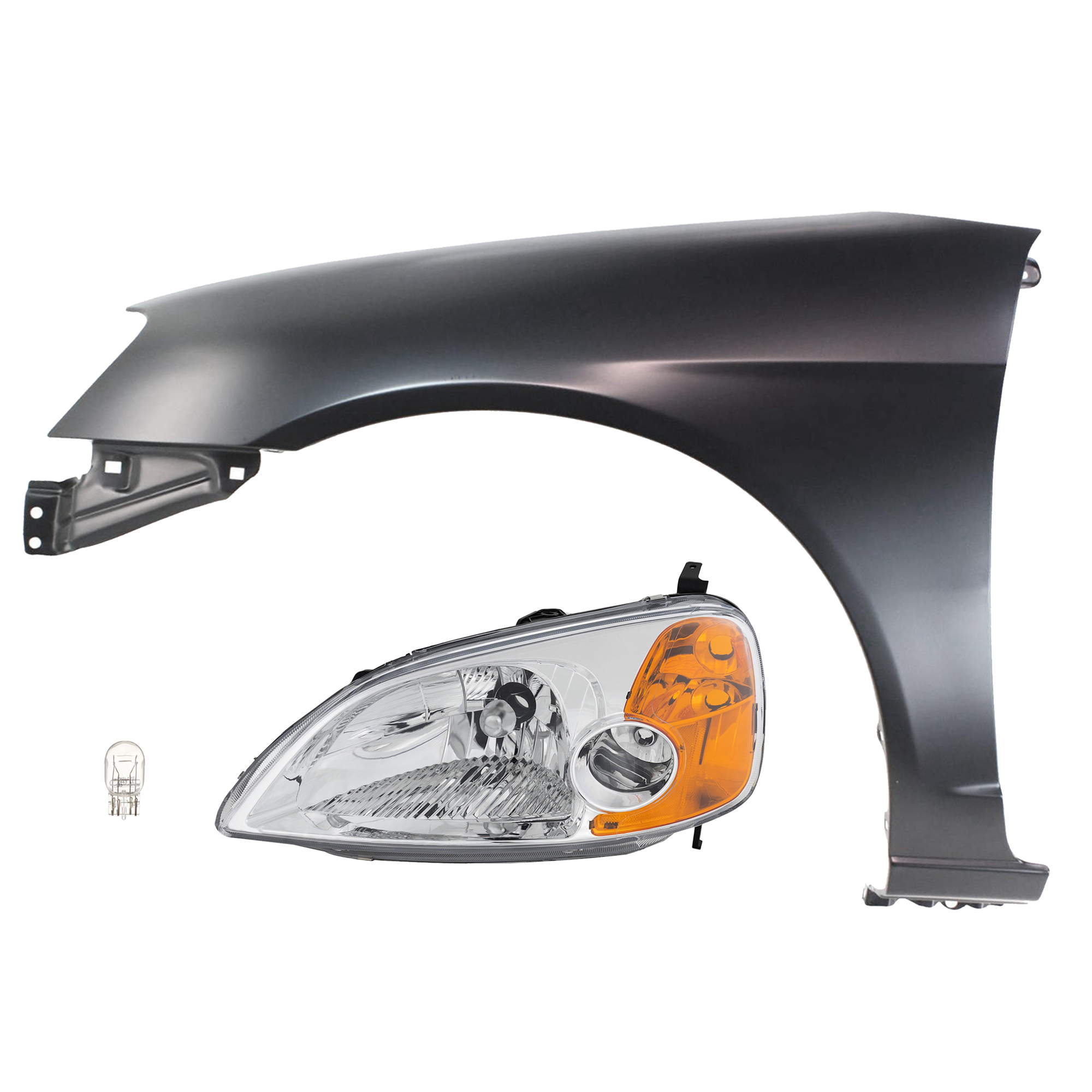 AM CIVIC 01-03 HEAD LAMP LH 3 pc kit Assembly Incandescent with Fender SKU KIT 012724-26 Partslink HO2518102 HO1240153 OEM 33151S5PA01-60261S5DA90ZZ