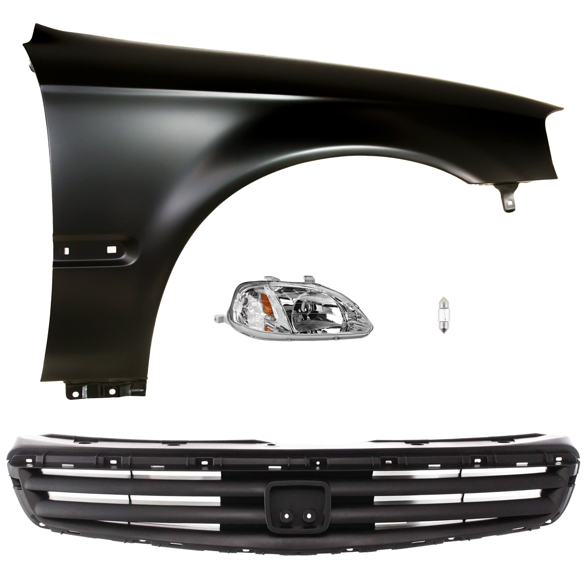 AM CIVIC 99-00 HEAD LAMP RH 4 pc kit Assembly Incandescent OE comparable with Fender and Grille Assembly SKU KIT 012724-43 Partslink HO2503113 HO1241151 HO1200162 OEM 33101S01A02-60211S01A10ZZ 7112