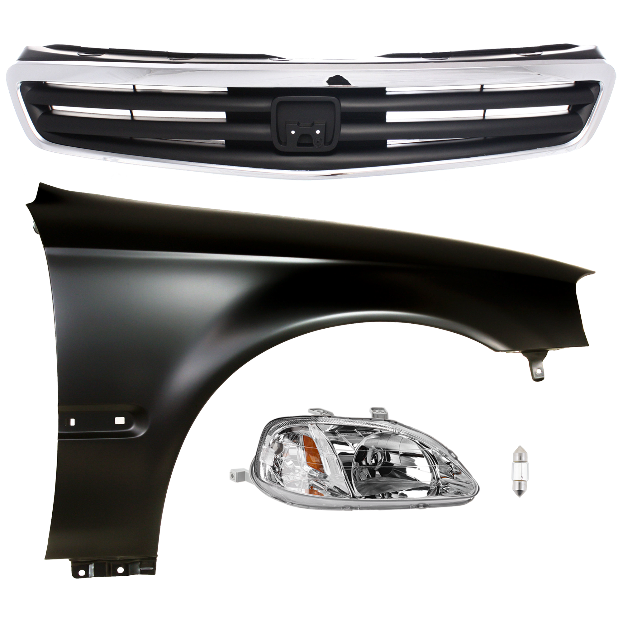 AM CIVIC 99-00 HEAD LAMP RH 4 pc kit Assembly Incandescent OE comparable with Fender and Grille Assembly SKU KIT 012724-47 Partslink HO2503113 HO1241151 HO1200143 OEM 33101S01A02-60211S01A10ZZ 7112