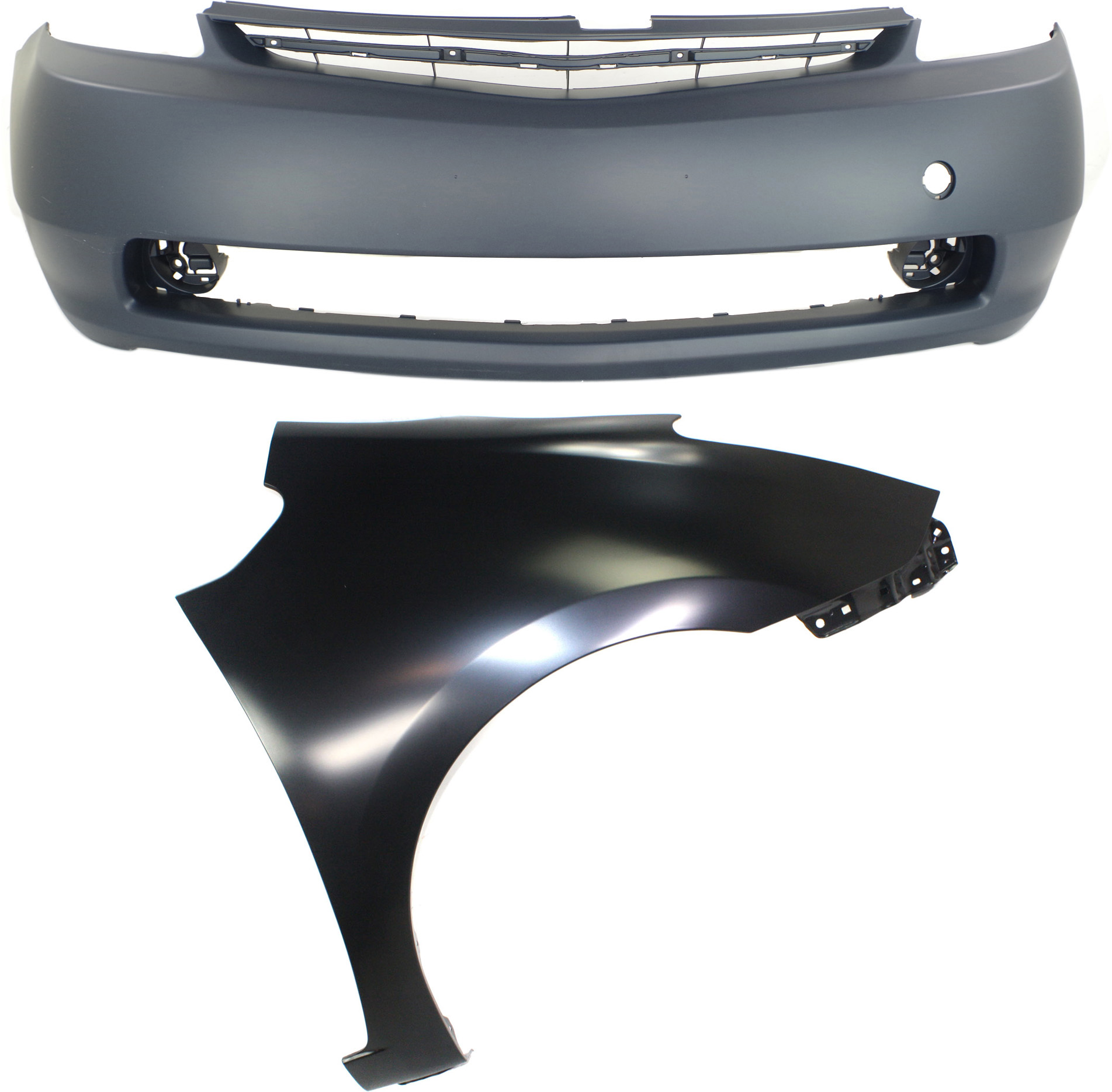 AM PRIUS4-06 FRONT BUMPER COVER 2 pc Kit Primed with Fender SKU KIT 012818-02 Partslink TO1000274 TO1241205 OEM 5211947903-5380147030