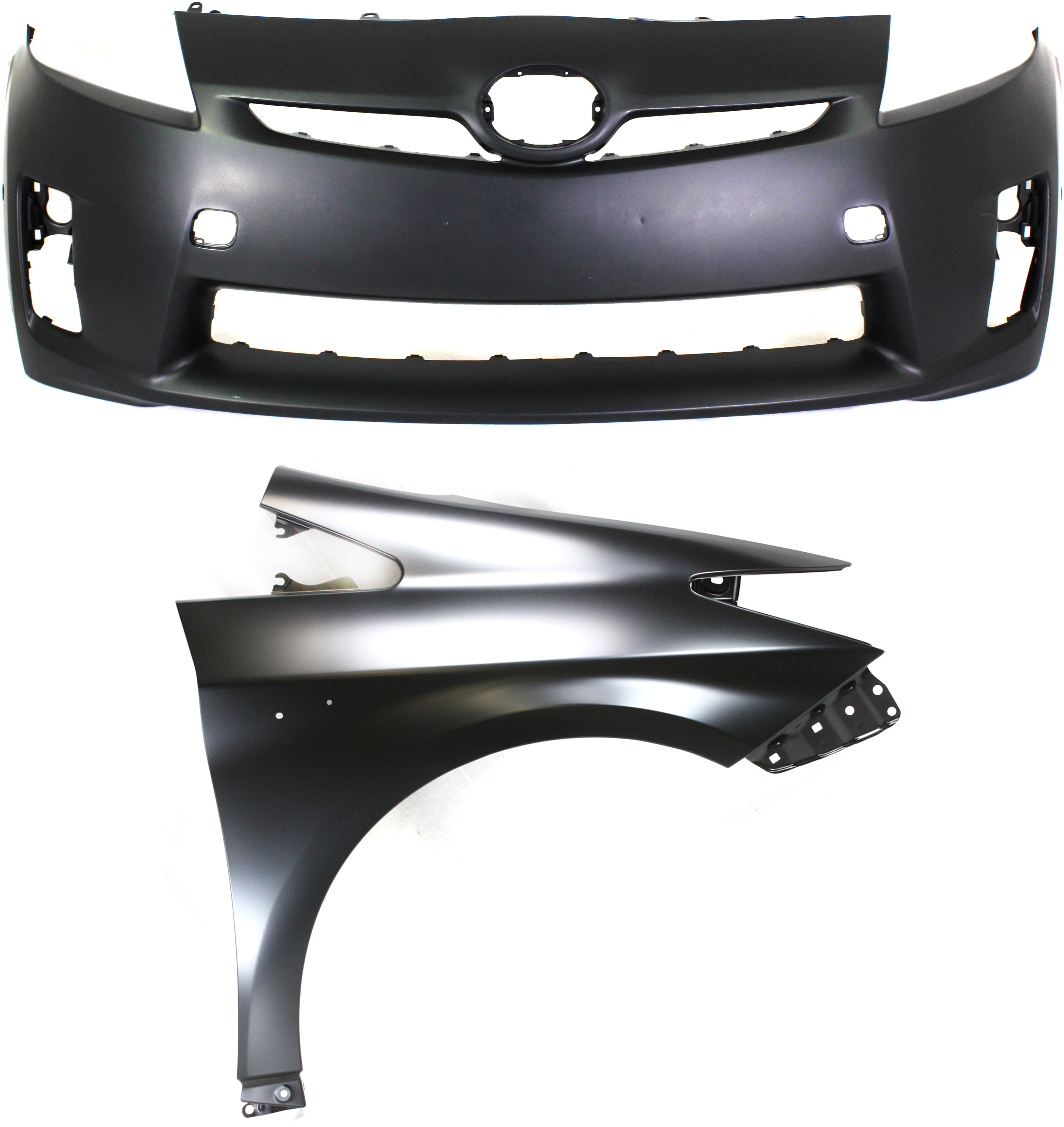 AM PRIUS 10-11 FRONT BUMPER COVER 2 pc Kit Primed with Fender SKU KIT 012818-03 Partslink TO1000376 TO1241232 OEM 5211947918-5380147040