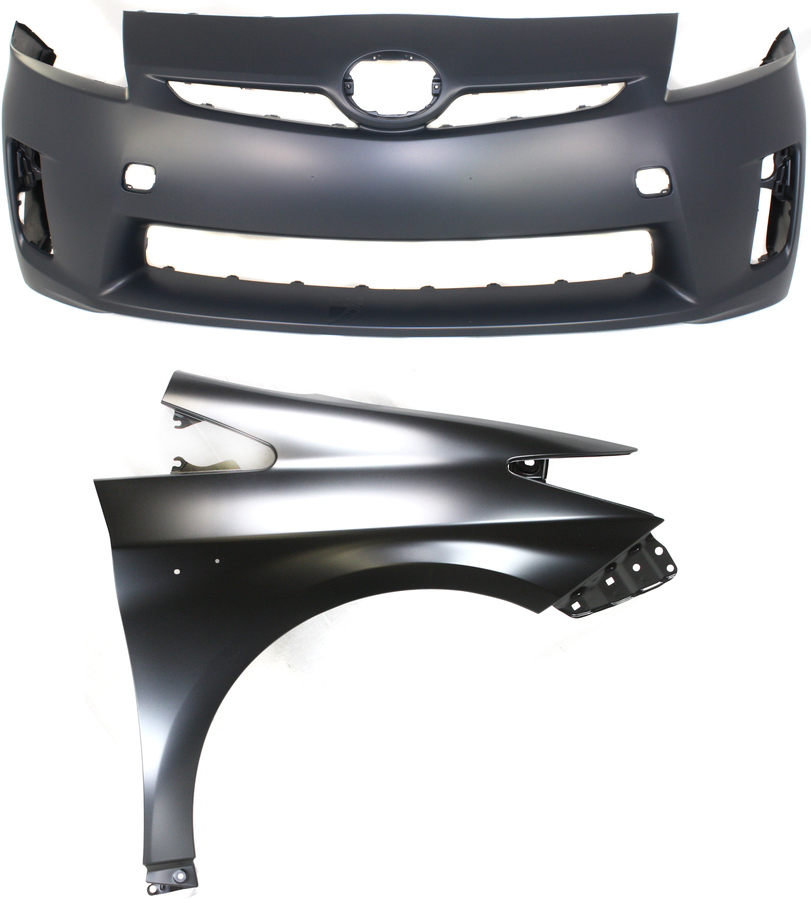 AM PRIUS 10-11 FRONT BUMPER COVER 2 pc Kit Primed with Fender SKU KIT 012818-04 Partslink TO1000359 TO1241232 OEM 5211947917-5380147040