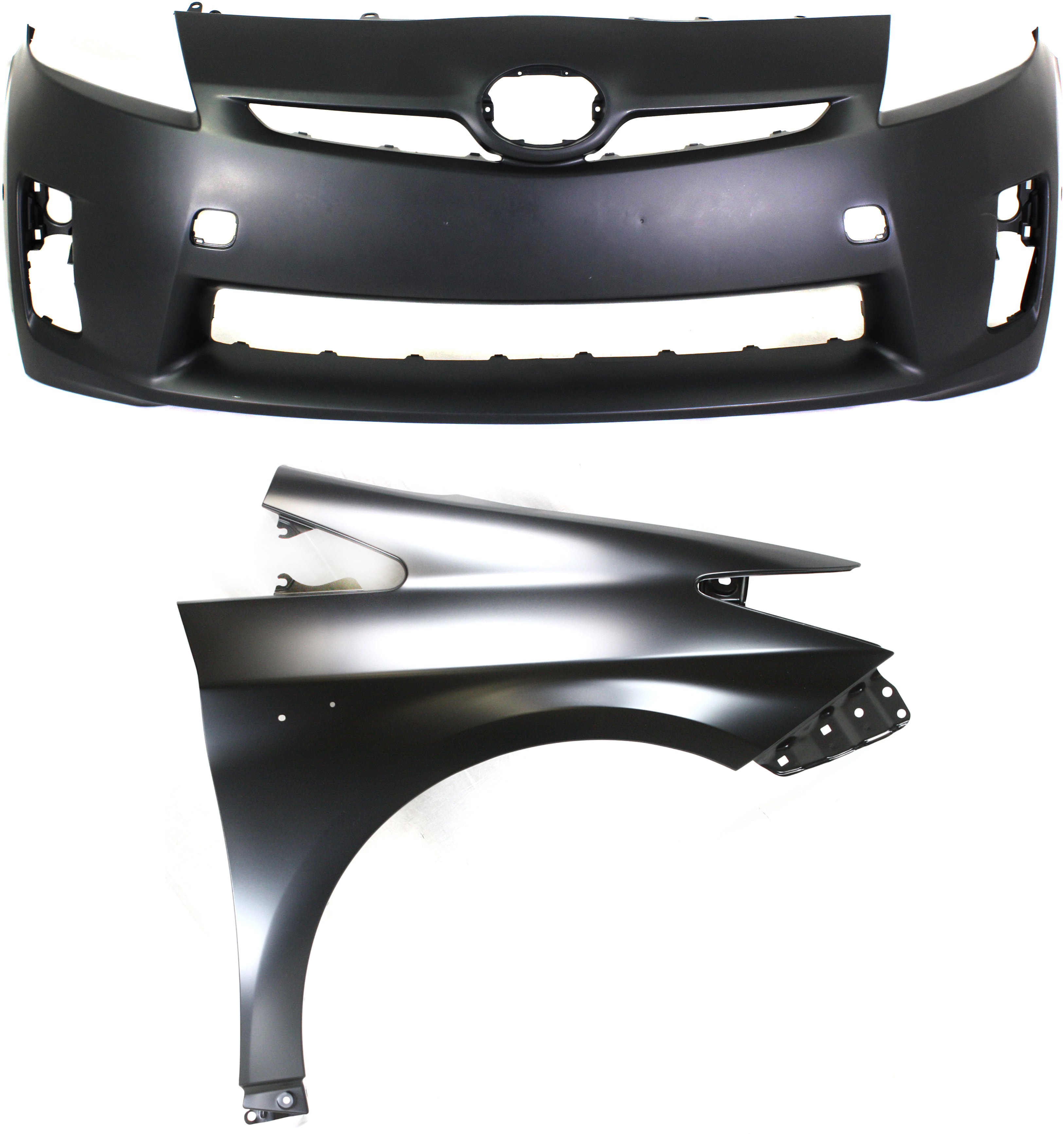 AM PRIUS 10-11 FRONT BUMPER COVER 2 pc Kit Primed Halogen Headlights w PAS Holes and Pre Collision System with Fender CAPA SKU KIT 012818-06 Partslink TO1000376C TO1241232C OEM 5211947918-5380147040