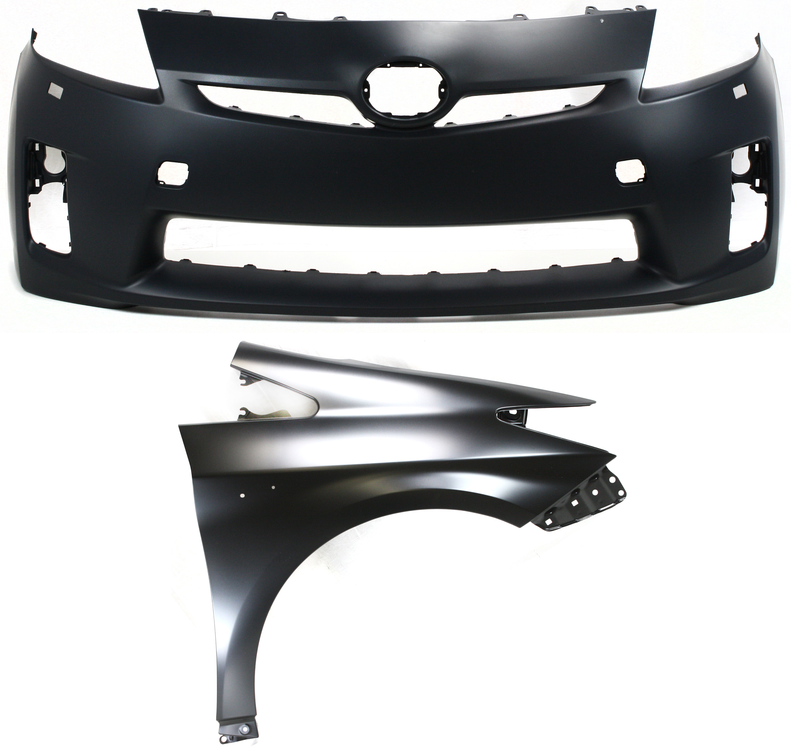 AM PRIUS 10-11 FRONT BUMPER COVER 2 pc Kit Primed LED Headlights w o Pre Collision System with Fender CAPA SKU KIT 012818-09 Partslink TO1000361C TO1241232C OEM 5211947919-5380147040