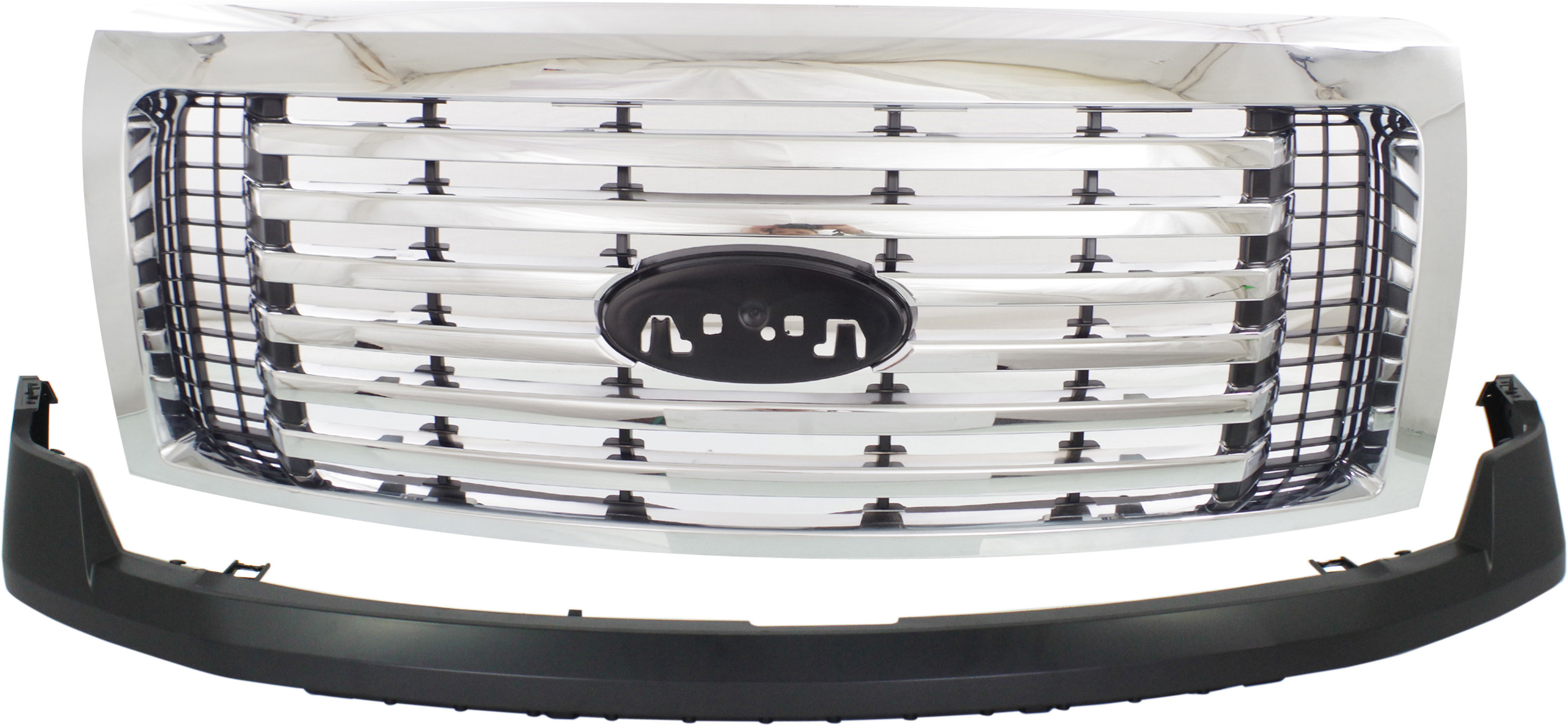 AM F 150-10-12 GRILLE 2 pc Kit w o Wheel Opening Moldings w Chrome Pkg with Bumper Cover SKU KIT 012818-102 Partslink FO1200531 FO1000645 OEM AL3Z8200C DL3Z17D957APTM