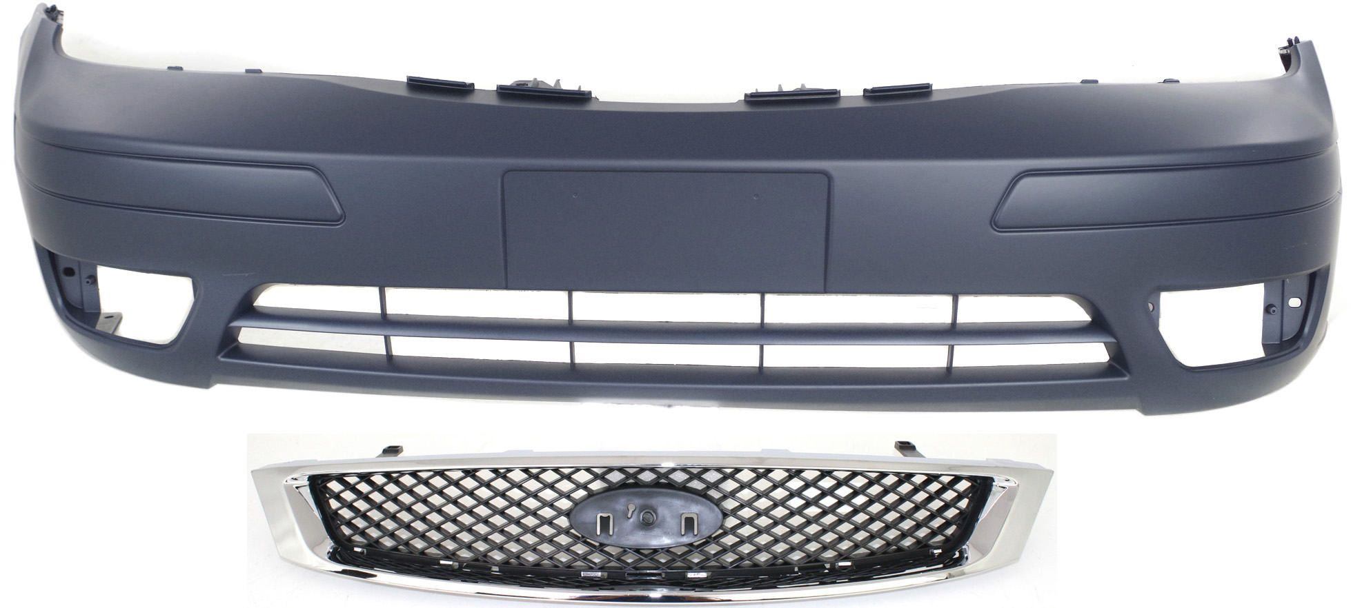 AM FOCUS 05-07 FRONT BUMPER COVER 2 pc Kit Primed w o Appearance Pkg. with Grille SKU KIT 012818-108 Partslink FO1000572 FO1200430 OEM 6S4Z17D957DA 5S4Z8200AAA