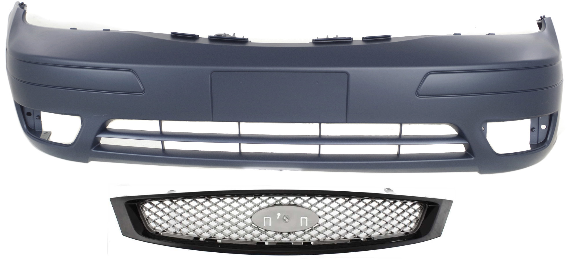 AM FOCUS5-07 FRONT BUMPER COVER 2 pc Kit Primed with Grille without Appearance Package SKU KIT 012818-109 Partslink FO1000572 FO1200432 OEM 6S4Z17D957DA 5S4Z8200BAC