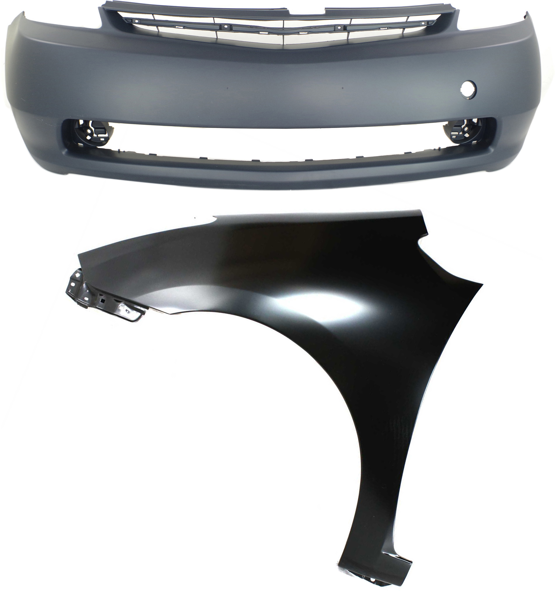 AM PRIUS4-06 FRONT BUMPER COVER 2 pc Kit Primed with Fender SKU KIT 012818-10 Partslink TO1000274 TO1240205 OEM 5211947903-5380247030