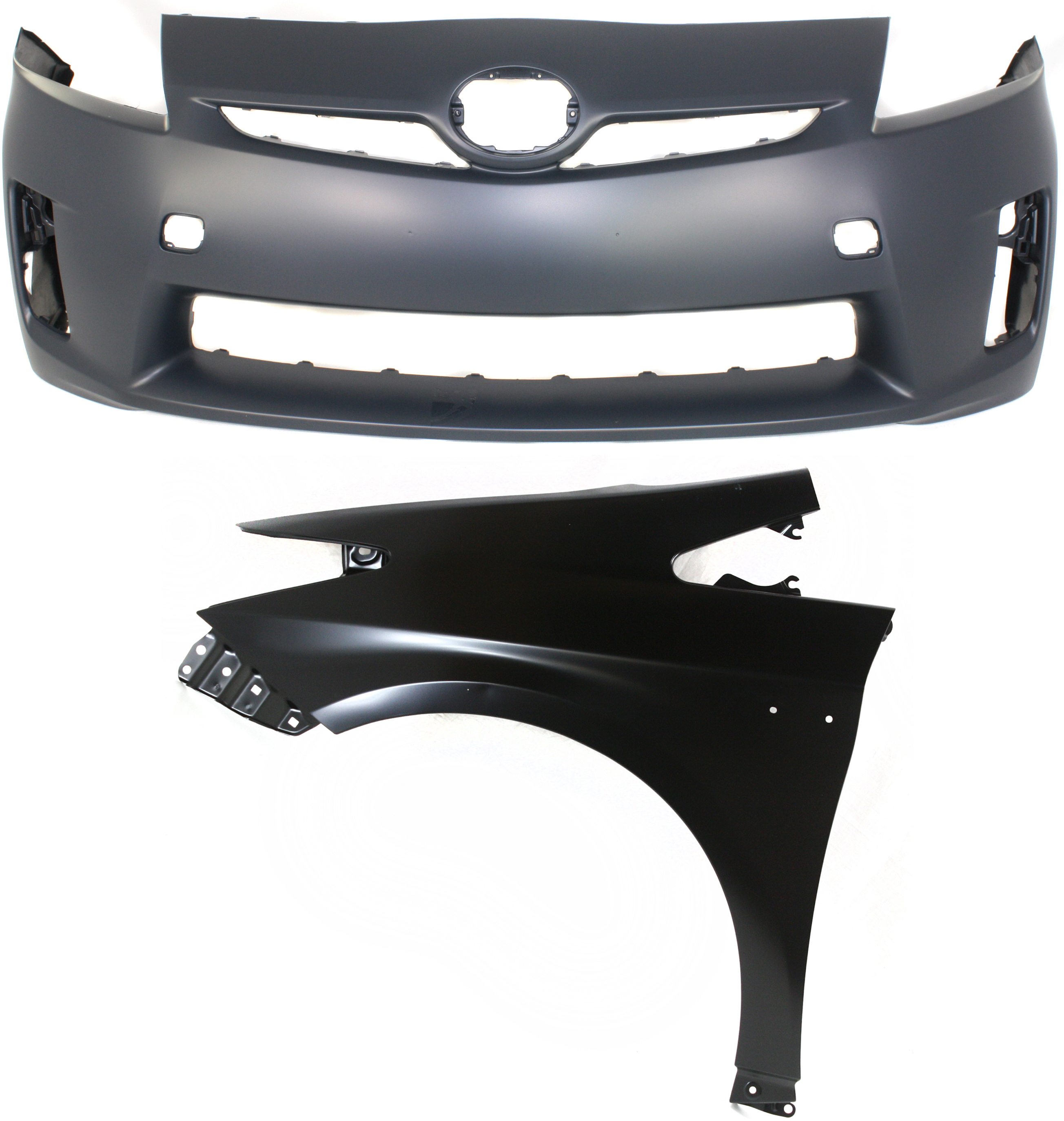 AM PRIUS 10-11 FRONT BUMPER COVER 2 pc Kit Primed with Fender SKU KIT 012818-12 Partslink TO1000359 TO1240232 OEM 5211947917-5380247040