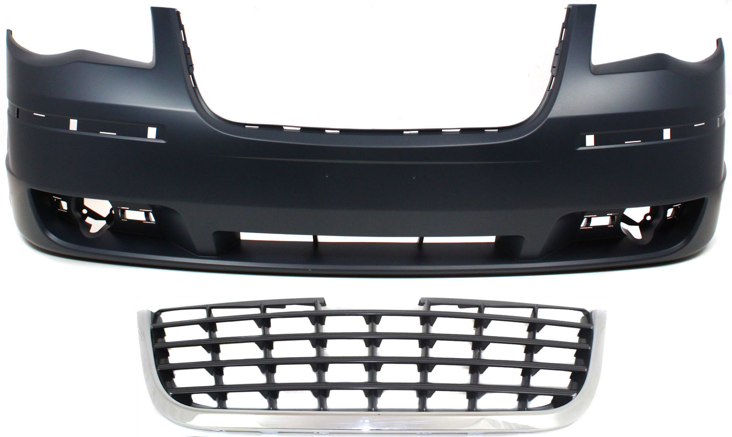 AM TOWN COUNTRY8-10 FRONT BUMPER COVER 2 pc Kit Primed with Grille SKU KIT 012818-63 Partslink CH1000929 CH1200322 OEM 1KG09TZZAB 5113127AA