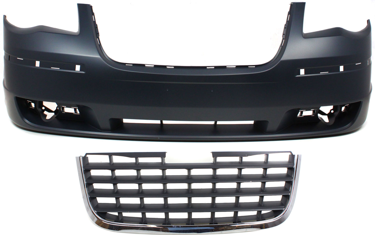 AM TOWN COUNTRY8-10 FRONT BUMPER COVER 2 pc Kit Primed with Grille SKU KIT 012818-67 Partslink CH1000929 CH1200309 OEM 1KG09TZZAB 5113228AA