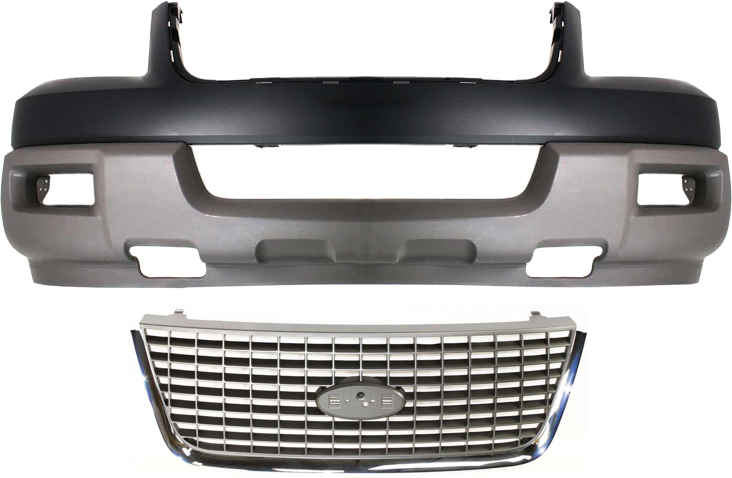 AM EXPEDITION 03-03 FRONT BUMPER COVER Primed 2 pc Kit with Grille Assembly XLT Models SKU KIT 012818-91 Partslink FO1000524 FO1200401 OEM 2L1Z17D957LAA 2L1Z8200AAA