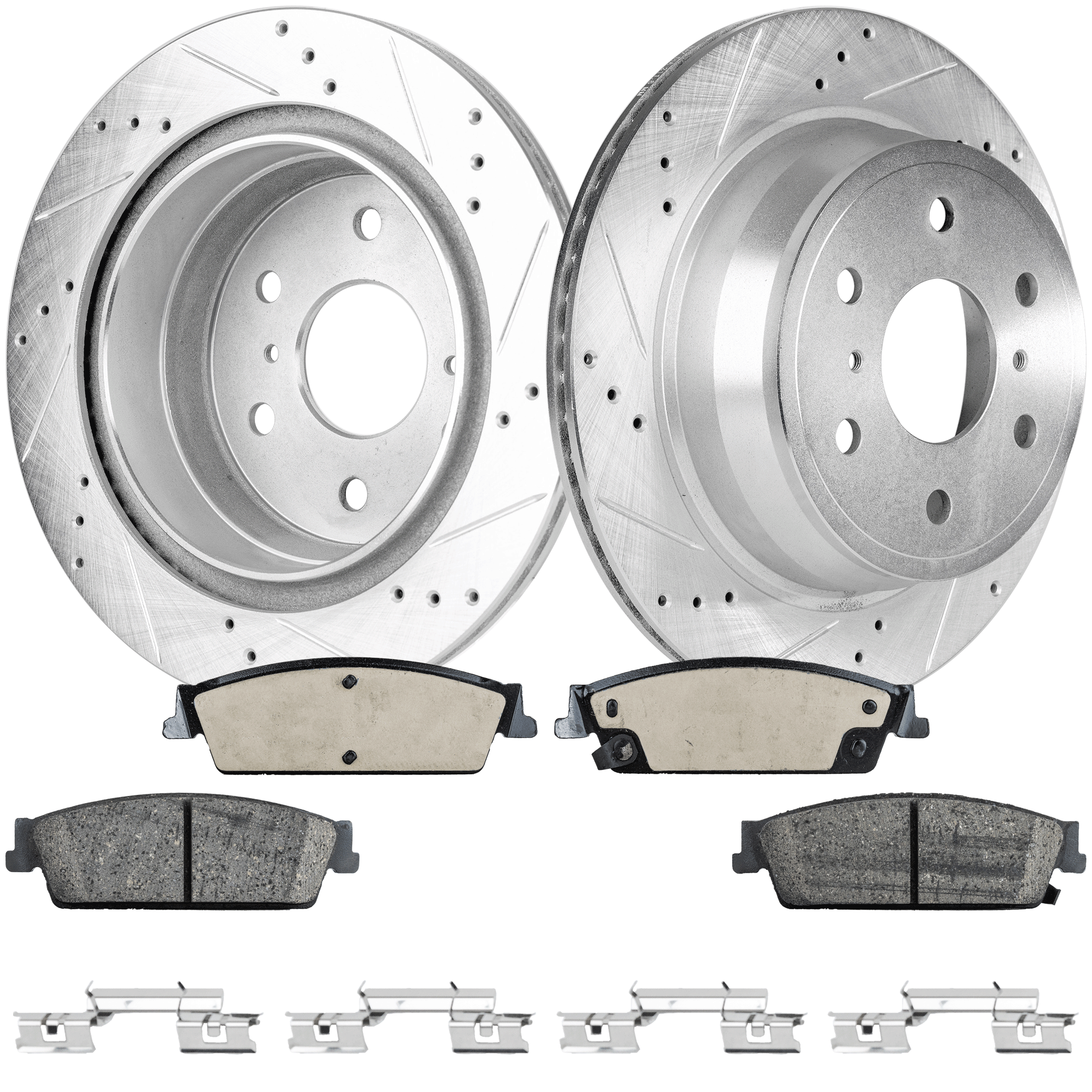AM TAHOE YUKON 07-14 REAR BRAKE DISC AND PAD KIT 4 pc Kit Cross drilled and Slotted SKU KIT 012821-02-42 OEM 90048053-580422FZN 581032FZN 1