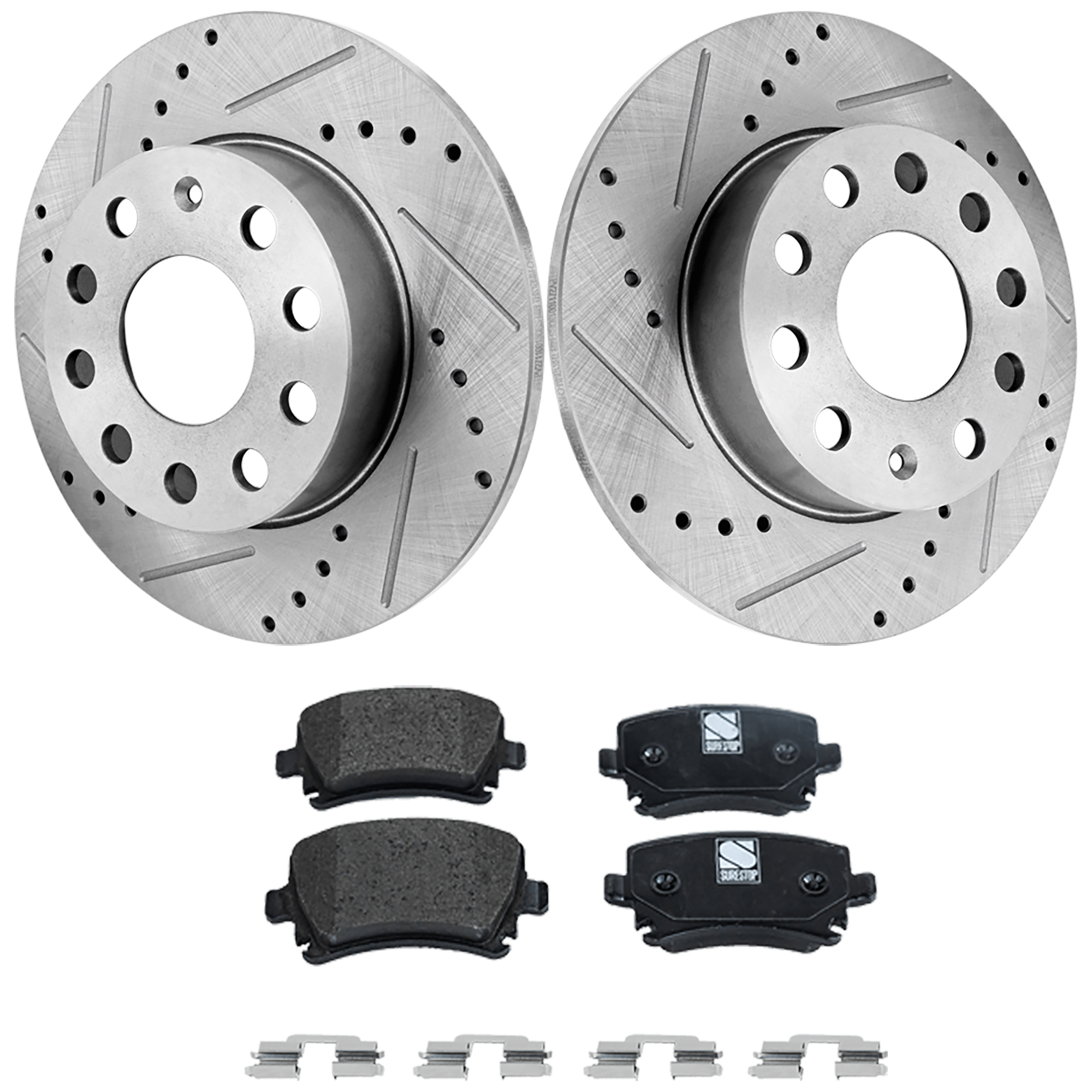 AM JETTA 05-10 RABBIT 06-09 REAR BRAKE DISC AND PAD KIT 4 pc kit Cross drilled and Slotted SKU KIT 012925 C127 OEM 34294-34427-45113-45498-900416