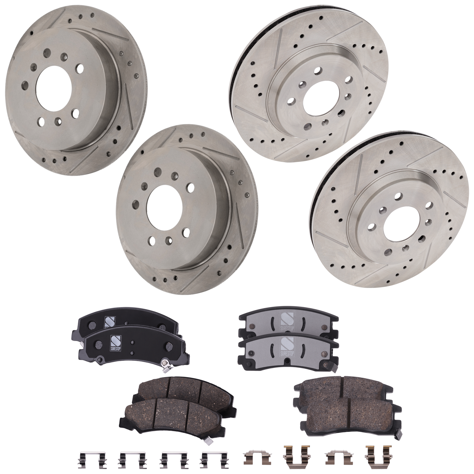 AM IMPALA 10-10 FRONT AND REAR BRAKE DISC AND PAD KIT 4 Wheel Set Cross drilled and Slotted Solid 5 Lugs SKU KIT 012925 C129 OEM 55125-145628-493745-580401-900