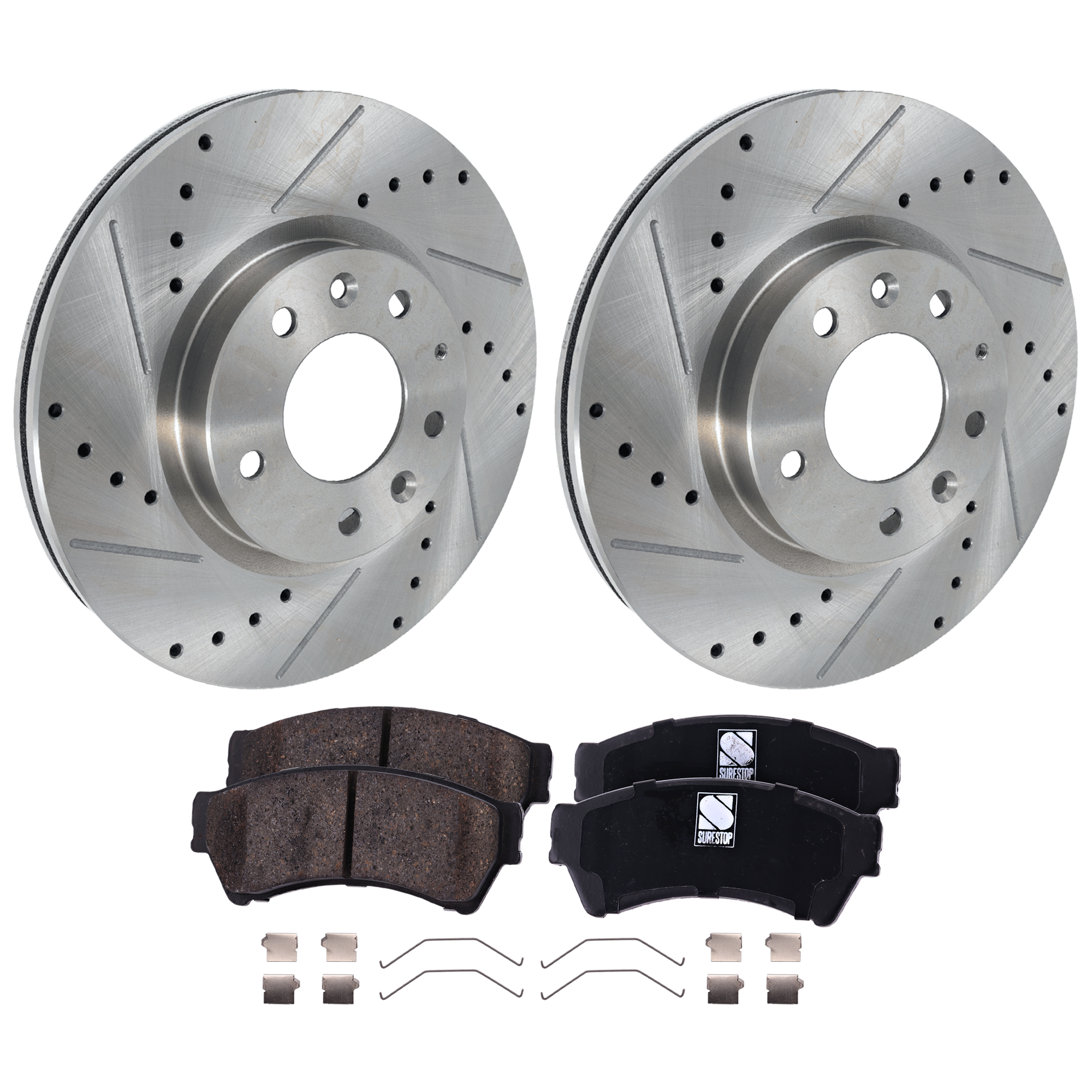 AM MAZDA 6-08-13 MKZ 07-12 FRONT BRAKE DISC AND PAD KIT 4 pc Kit Cross drilled and Slotted SKU KIT 012925 C143 OEM 42151-54142-145668-492745-6804