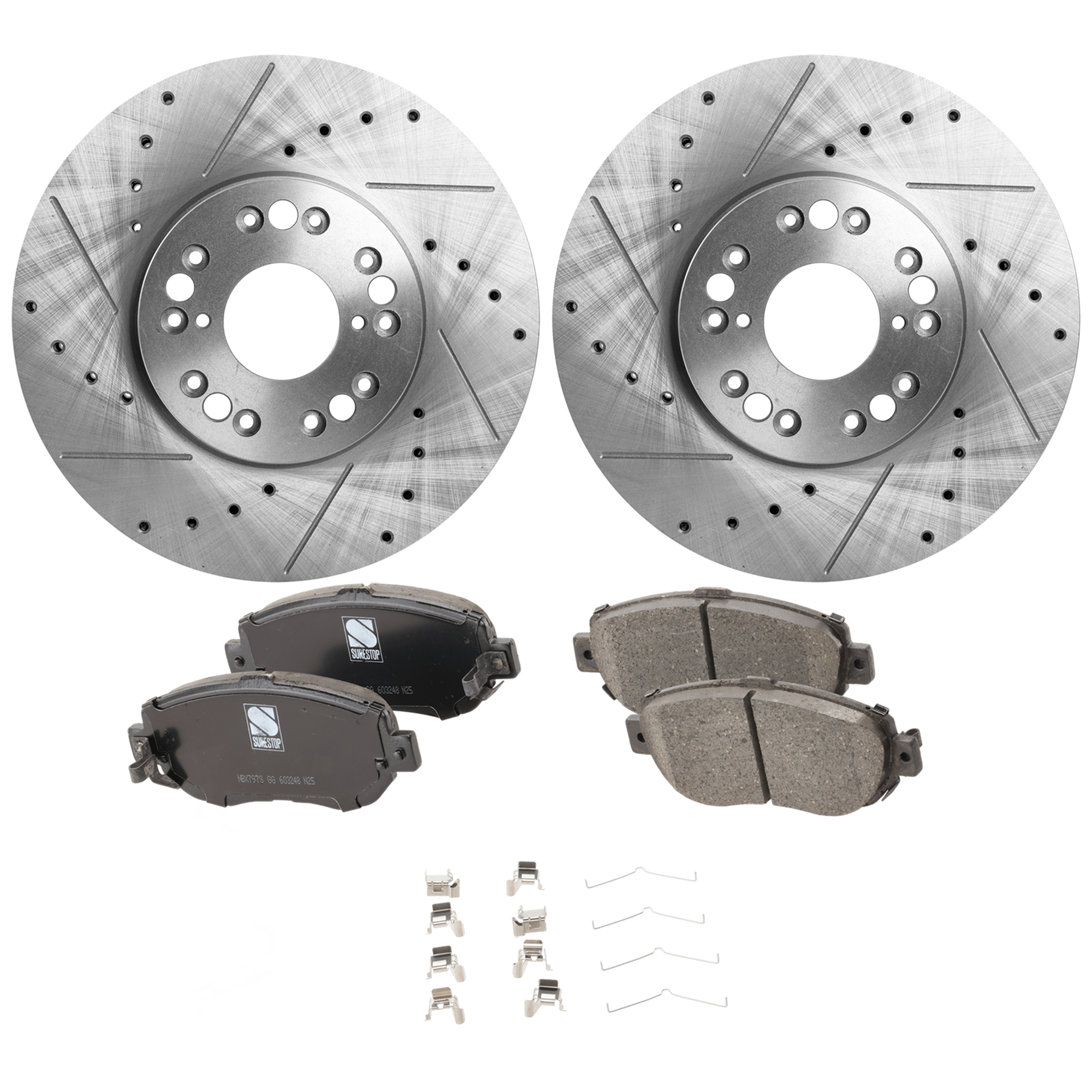 AM GS300-93-05 SC430-03-10 FRONT BRAKE DISC AND PAD KIT 4 pc kit Cross drilled and Slotted SKU KIT 012925 C144 OEM 1257-31118-31172-31478-44700-8