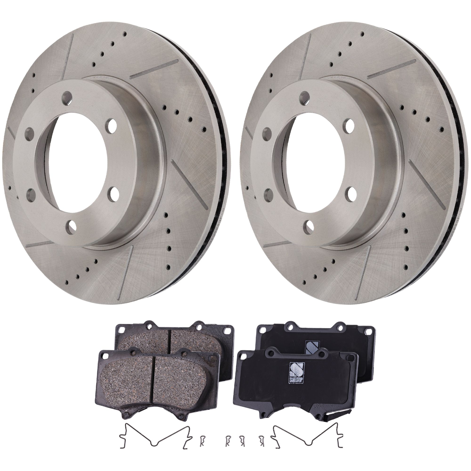 AM TUNDRA 03-06 SEQUOIA 03-07 FRONT BRAKE DISC AND PAD KIT 4 pc Kit Cross drilled and Slotted SKU KIT 012925 C145 OEM 19694-31267-96931-107524-14529
