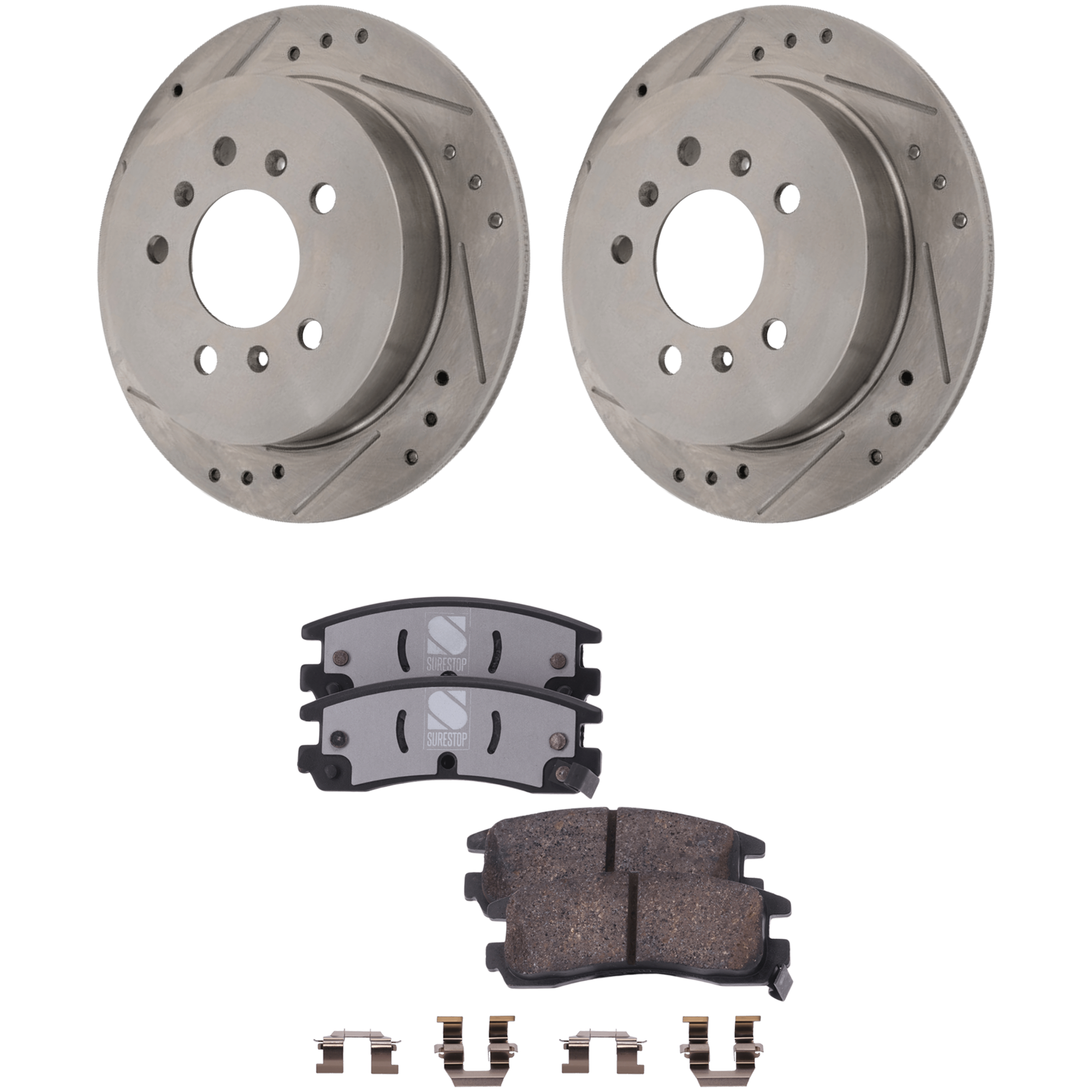 AM IMPALA 10-10 REAR BRAKE DISC AND PAD KIT 2 Wheel Set Cross drilled and Slotted Solid 5 Lugs SKU KIT 012925 C146 OEM 55125-145628-493745-580401-900