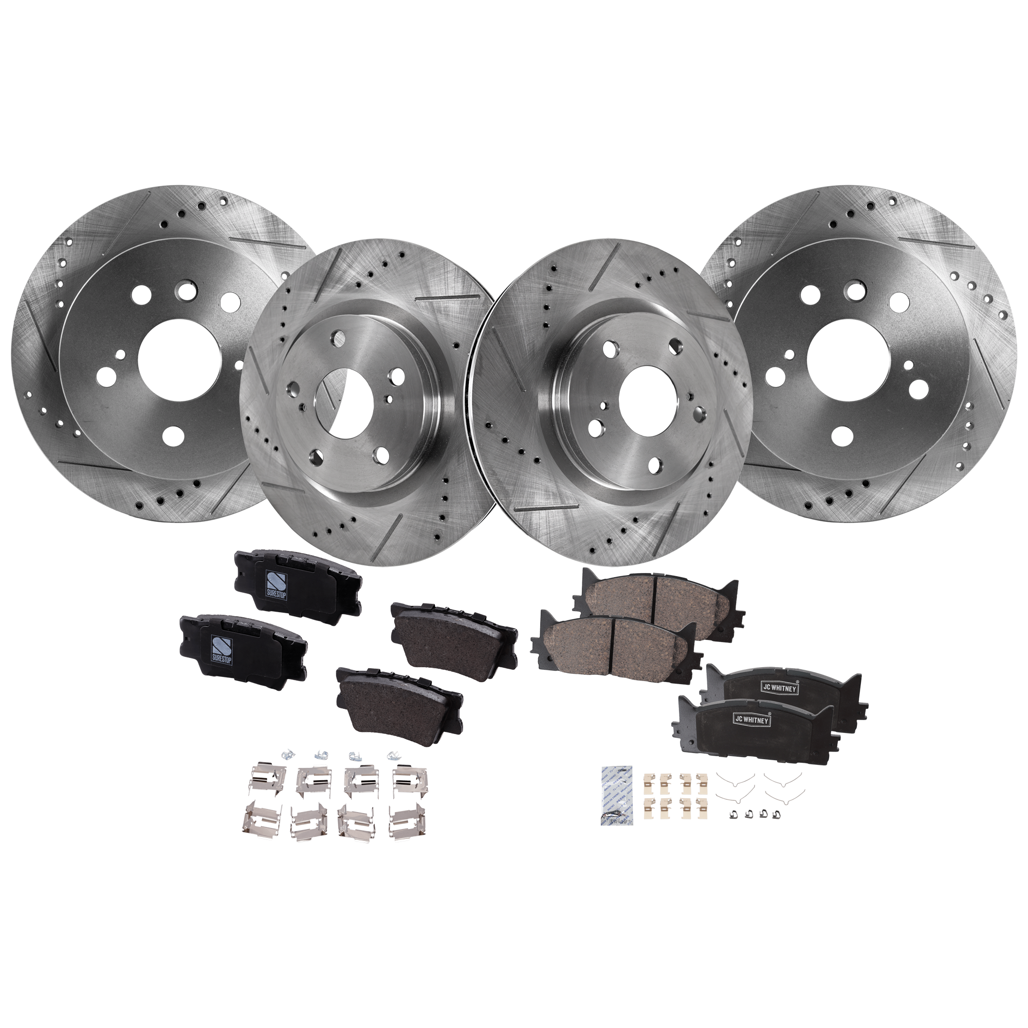 AM CAMRY 12-17 FRONT AND REAR BRAKE DISC AND PAD KIT 4 Wheel Set SKU KIT 012925 C148 OEM 31434-31551-44582-44748-145713