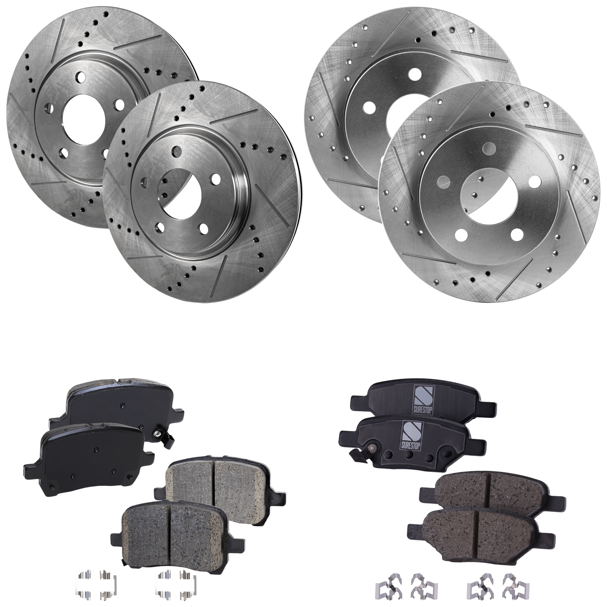 AM COBALT 05-07 MALIBU 04-06 FRONT AND REAR BRAKE DISC AND PAD KIT 8 pc Kit Cross drilled and Slotted SKU KIT 012925 C158 OEM 19352-55094-145563-493465-4888