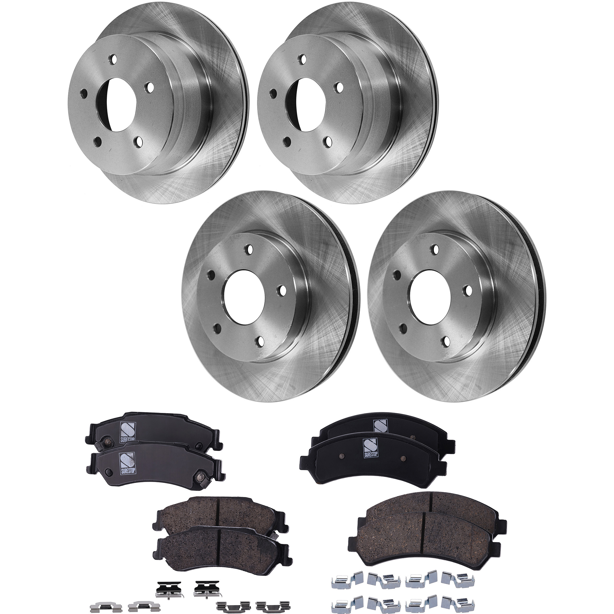 AM BRAVADA 99-01 FRONT AND REAR BRAKE DISC AND PAD KIT 8 pc Kit Plain Surface SKU KIT 012925 C168 OEM 15733699-15704667-18025475-180