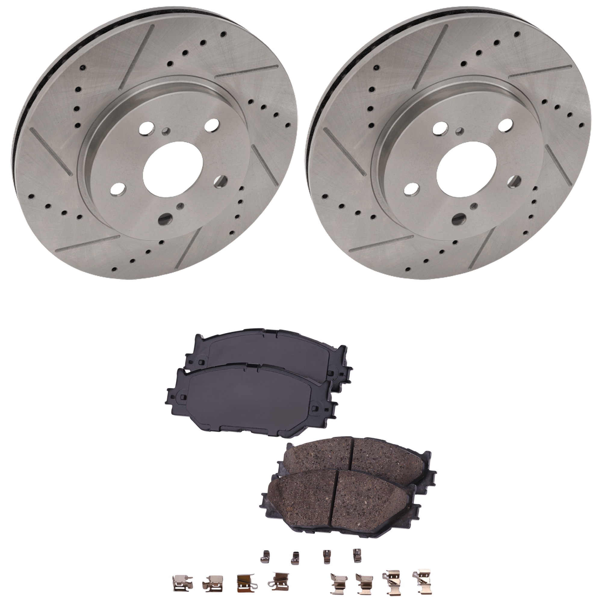 AM IS250-08-15 FRONT BRAKE DISC AND PAD KIT 4 pc Kit 5 Lugs Plain Hat Cross drilled and Slotted Vented 5 Lugs SKU KIT 012925 C213 OEM 19380-31314-31451-44627-145471
