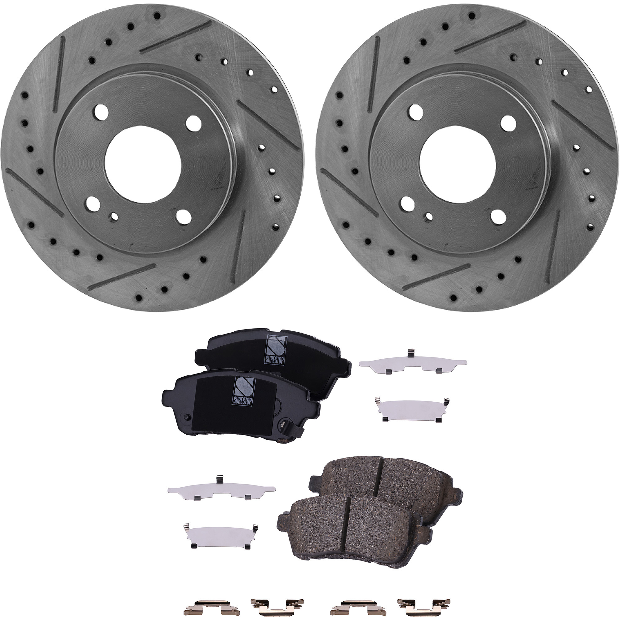 AM FIESTA 16-19 FRONT BRAKE DISC AND PAD KIT 4 pc kit Cross drilled and Slotted SKU KIT 012925 C221 OEM 42277-54176-680822-850230-8862