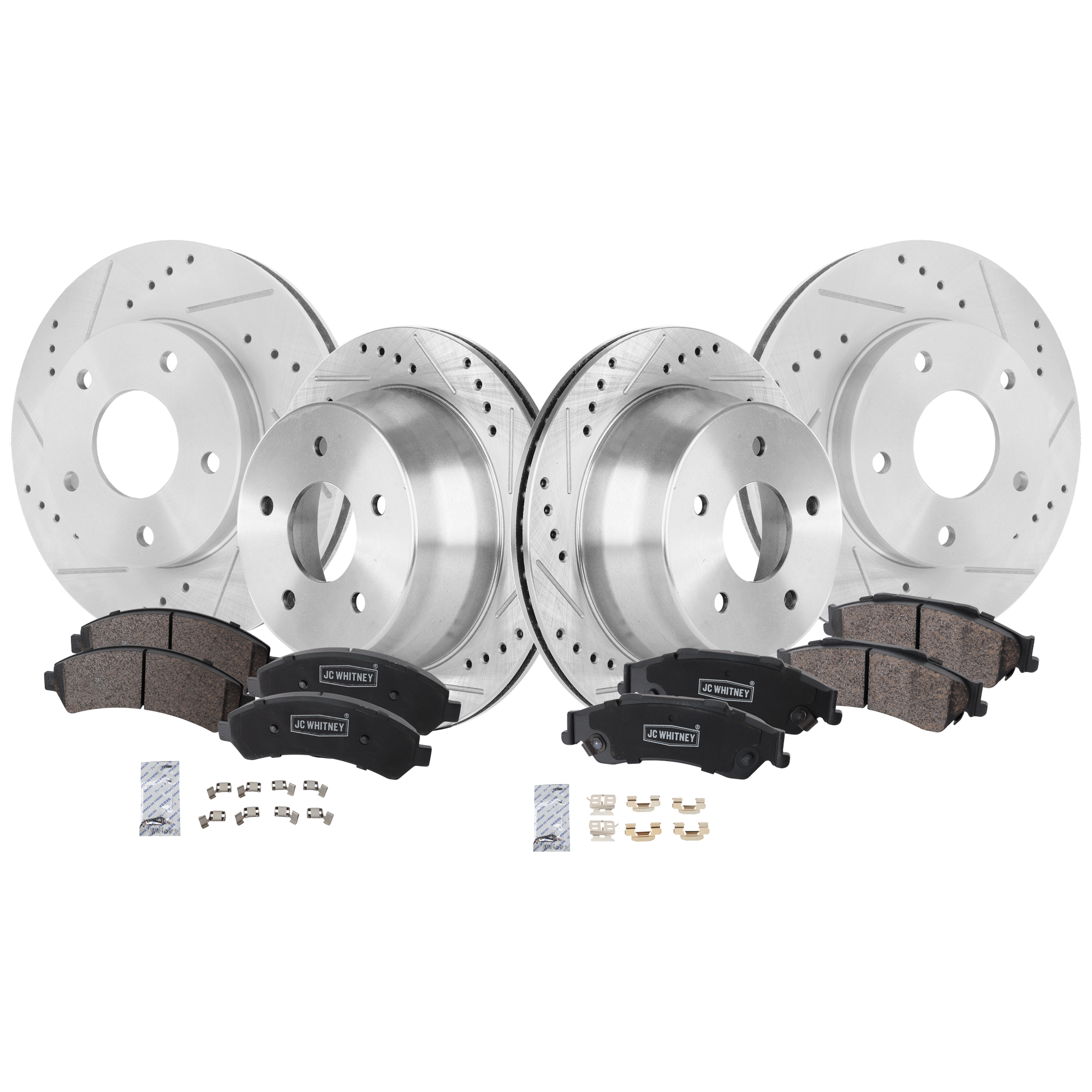 AM BLAZER 98-05 JIMMY 98-01 FRONT AND REAR BRAKE DISC AND PAD kit 8 pc kit Cross drilled and Slotted SKU KIT 012925 C224 OEM 19848-55047-56694-65975-101708