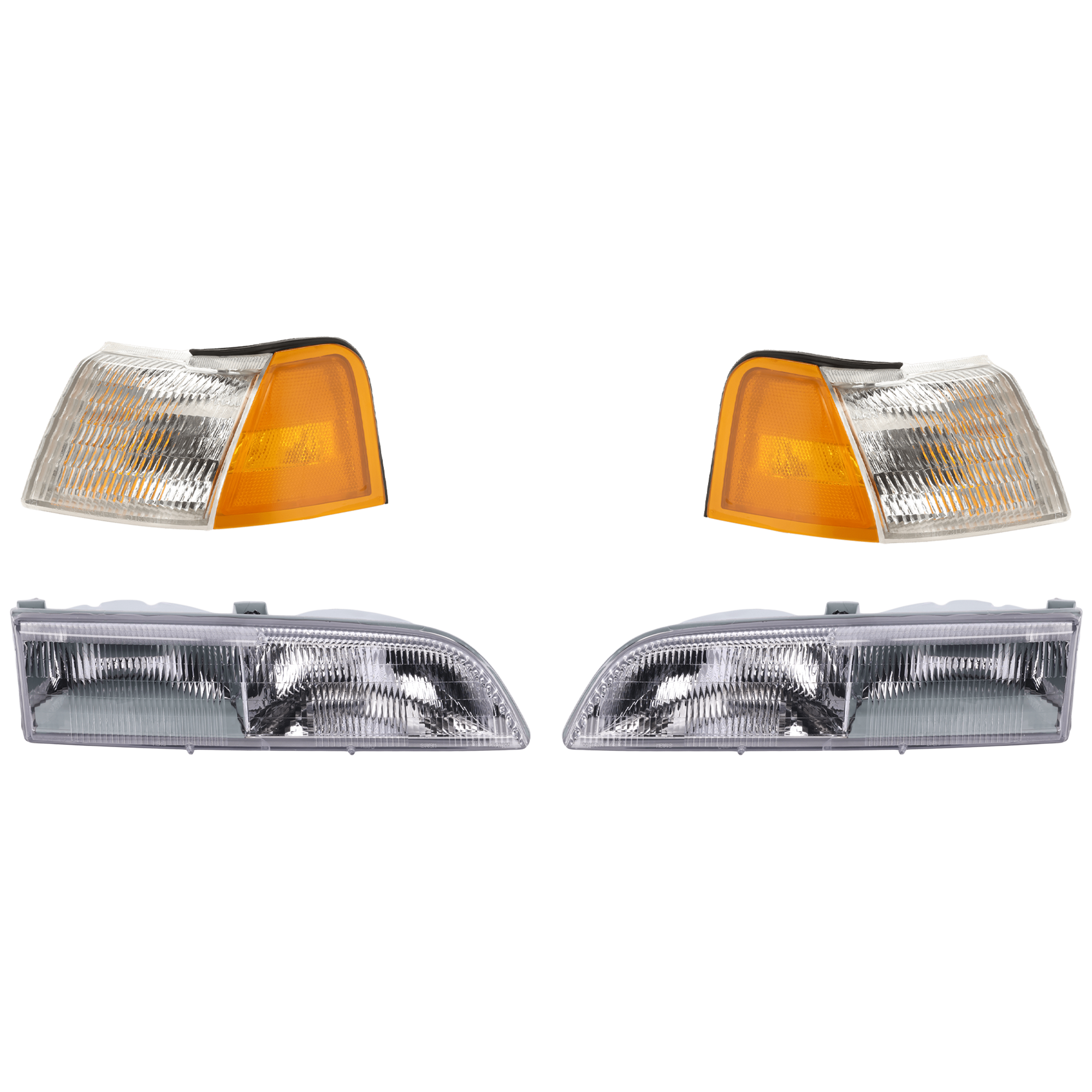 AM THUNDERBIRD 89-93 HEAD LAMP RH AND LH Assembly Halogen 4 pc Kit w Corner Light SKU KIT 012925 C267 Partslink FO2520113 FO2521111 OEM E9SZ13201A E9SZ13200A
