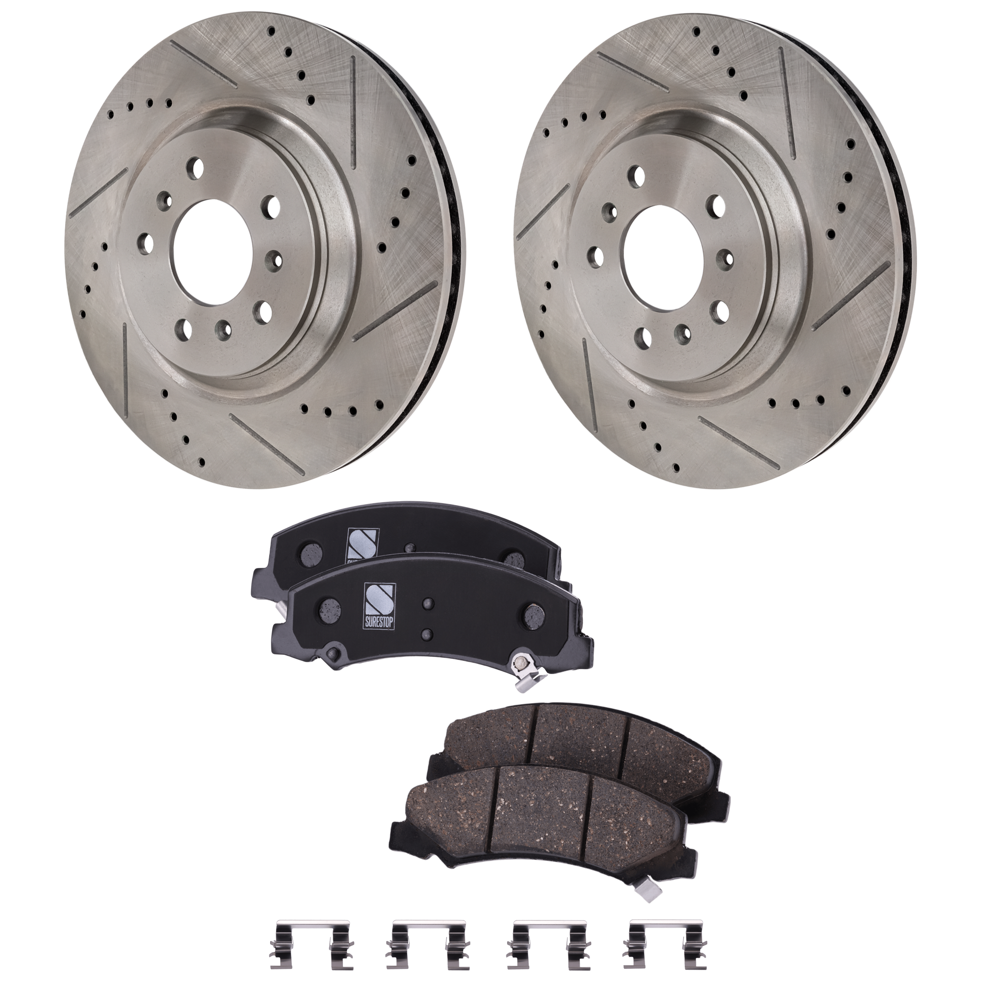 AM LUCERNE 06-11 IMPALA 12-13 FRONT BRAKE DISC AND PAD kit 4 pc kit Cross drilled and Slotted Vented 5 Lugs SKU KIT 012925 C269 OEM 41217-55124-60421-580387-90038
