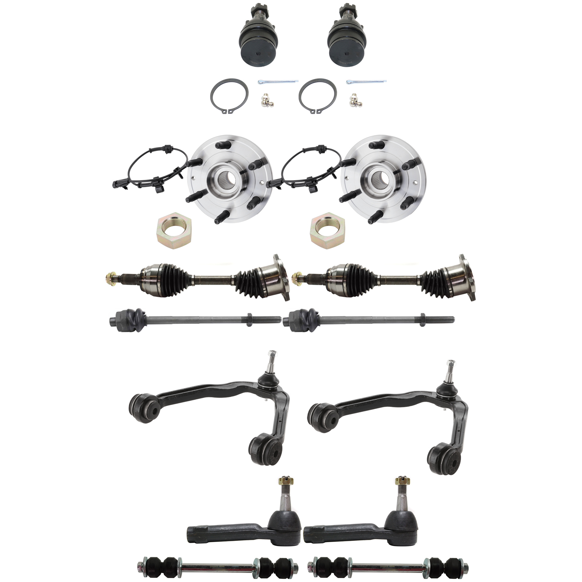 AM SILVERADO SIERRA 1500-99-06 FRONT SUSPENSION KIT RH AND LH 14 pc Kit with Axle Assembly Ball Joint Control Arm Sway Bar Link Tie Rod End and Wheel Hub SKU KIT 012925 C26 OEM 104327-2601528-5051272-1247281